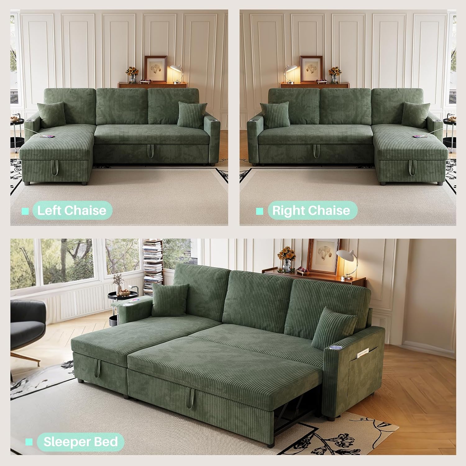 Sleeper Sectional Sofa, 83' Convertible Sofa Bed with Pull Out Couches, Small Desktop, L Shaped Couch with Reversible Chaise, Cup Holders, USB, Modern Corduroy Sofas for Living Room Apartment, Green
