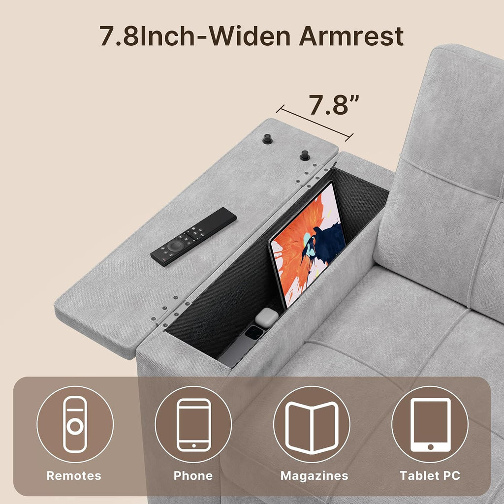 Gizoon Convertible Sofa Bed Futon, 70.9'' Sleeper Loveseat with Pull Out Couch, 3 in 1 Plush Fleece Fabric Futon Couch with Side Pockets, Storage Armrest & Adjustable Backrest for Living Room, Grey