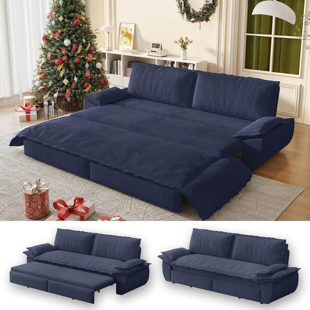 73.2' Sofa Bed Queen Size, Pull Out Couch Bed, 3-in-1 Convertible Sleeper Sofa with Cushion Armrest, Modern Corduroy Futon Couch for Living Room, Small Space, Apartment, Bedroom, Dark Blue