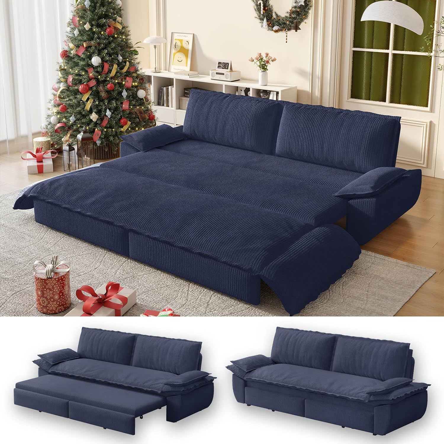 73.2' Sofa Bed Queen Size, Pull Out Couch Bed, 3-in-1 Convertible Sleeper Sofa with Cushion Armrest, Modern Corduroy Futon Couch for Living Room, Small Space, Apartment, Bedroom, Dark Blue