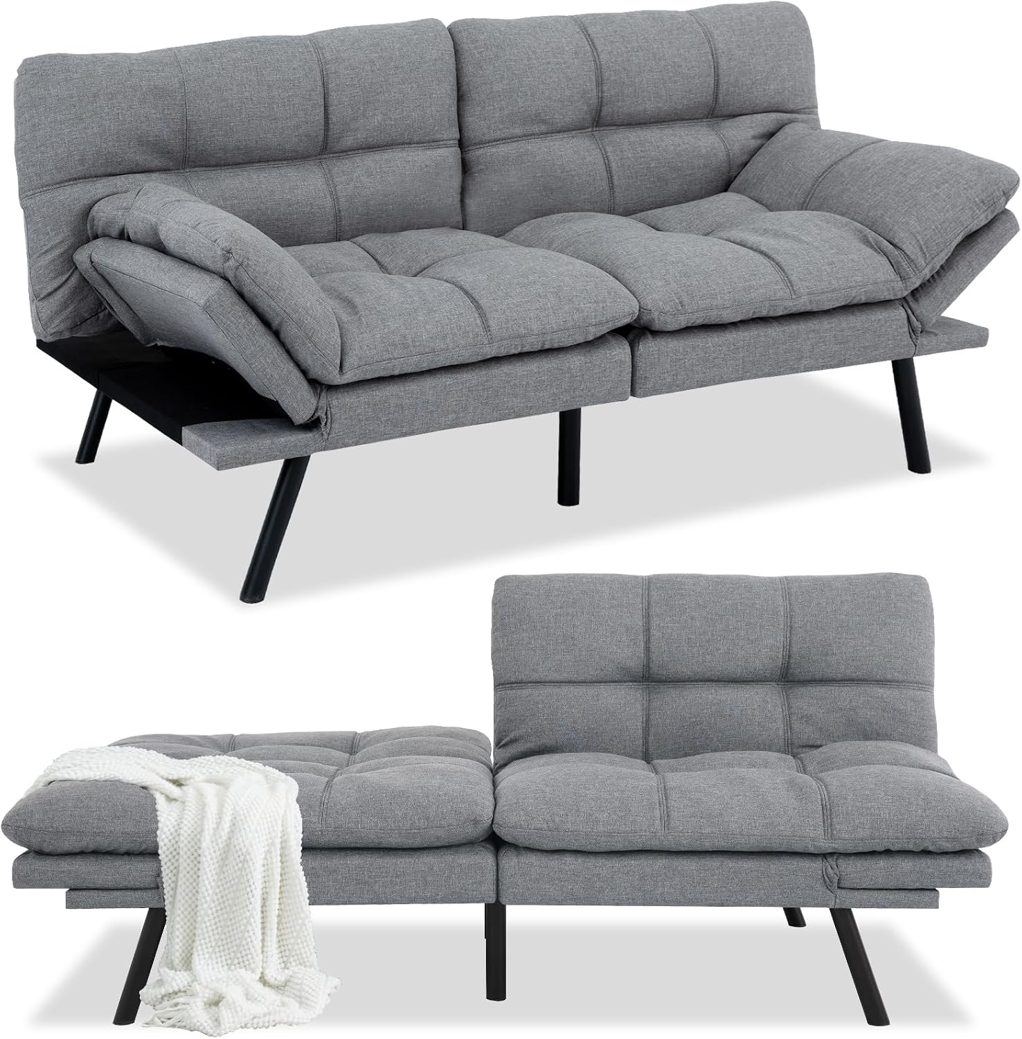Opoiar Futon Sofa Bed Modern Memory Foam Sleeper Sofa Convertible Couch Adjustable Armrest&Backrest Leather Futon for Living Space,Apartment,Office Sofabed