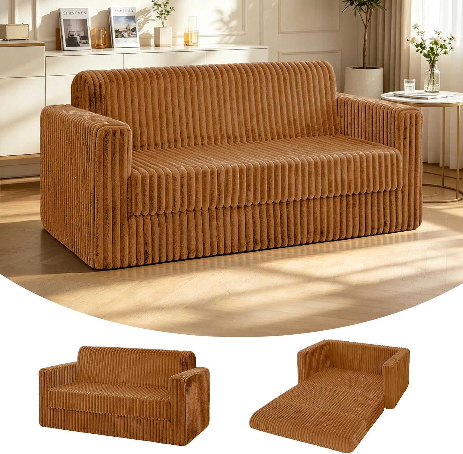 HABUTWAY Folding Sofa Bed, 2 in 1 Convertible Sleeper Chair with Armrest, Portable Fold Out Chair Bed, Comfy Floor Couch, Multi-Functional Lazy Sofa for Living Room Bedroom Dorm Home Office, Caramel