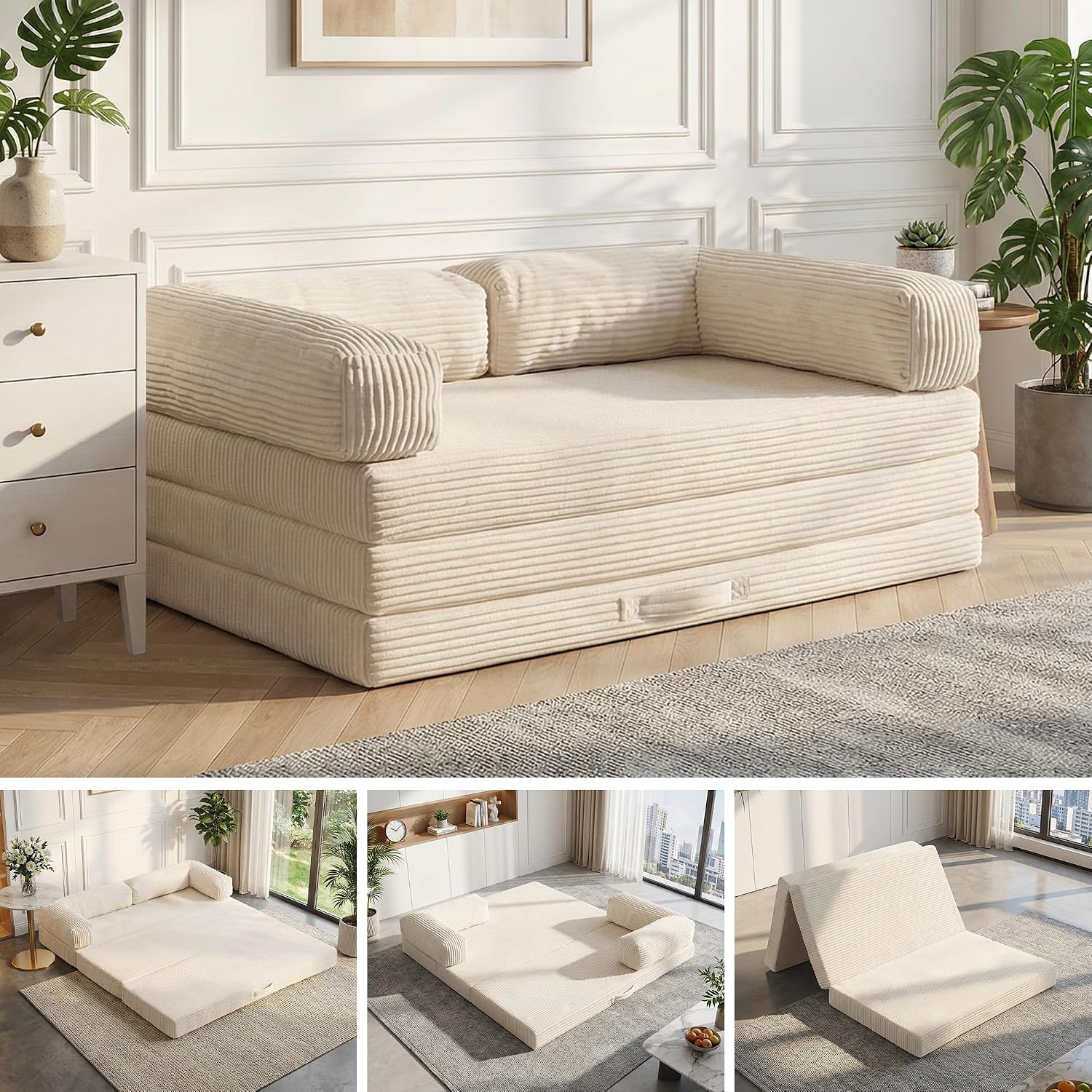 5-in-1 Convertible Sofa Bed Queen,Tri-Fold Mattress with Removable L-Shaped Armrests,Corduroy Boneless Couch Floor Sofa Futon Couch Sleeper with Pull Out Bed for Living Room Bedroom Apartment