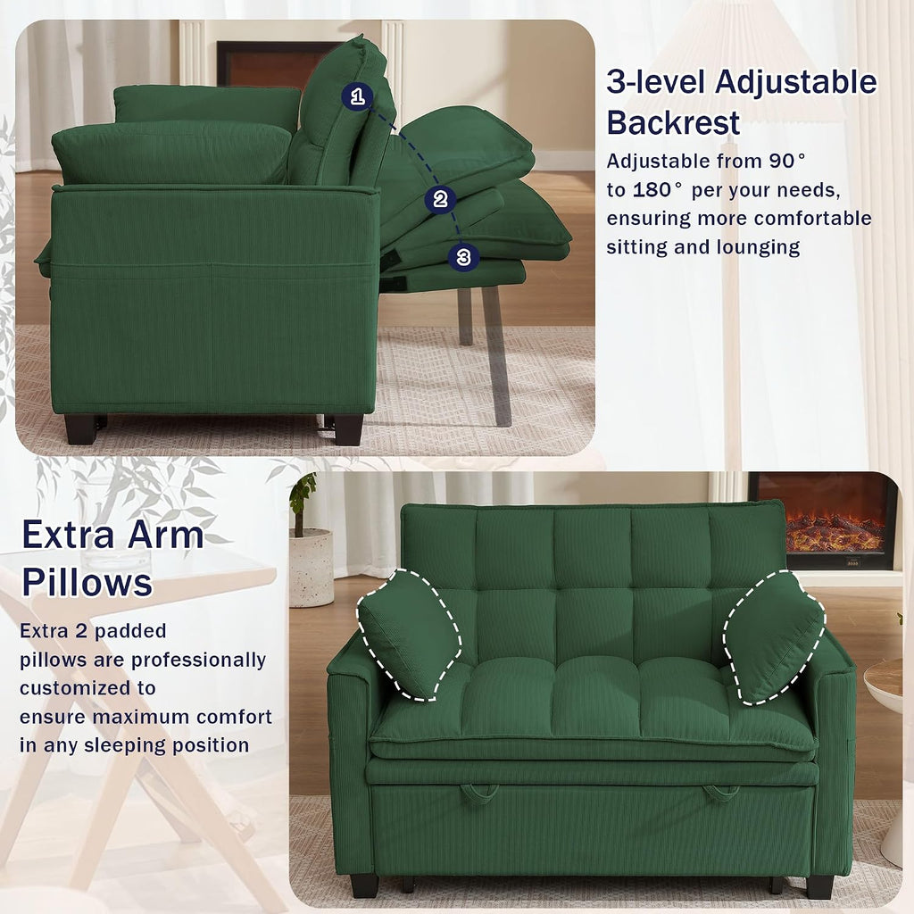 Sleeper Sofa with Pull Out Couch Bed, 48' Convertible Pull-Out Sofa Bed Chair, 3-in-1 Futon Couch with Reclining Backrest and Side Pockets for Living Room Bedroom Apartment, Green