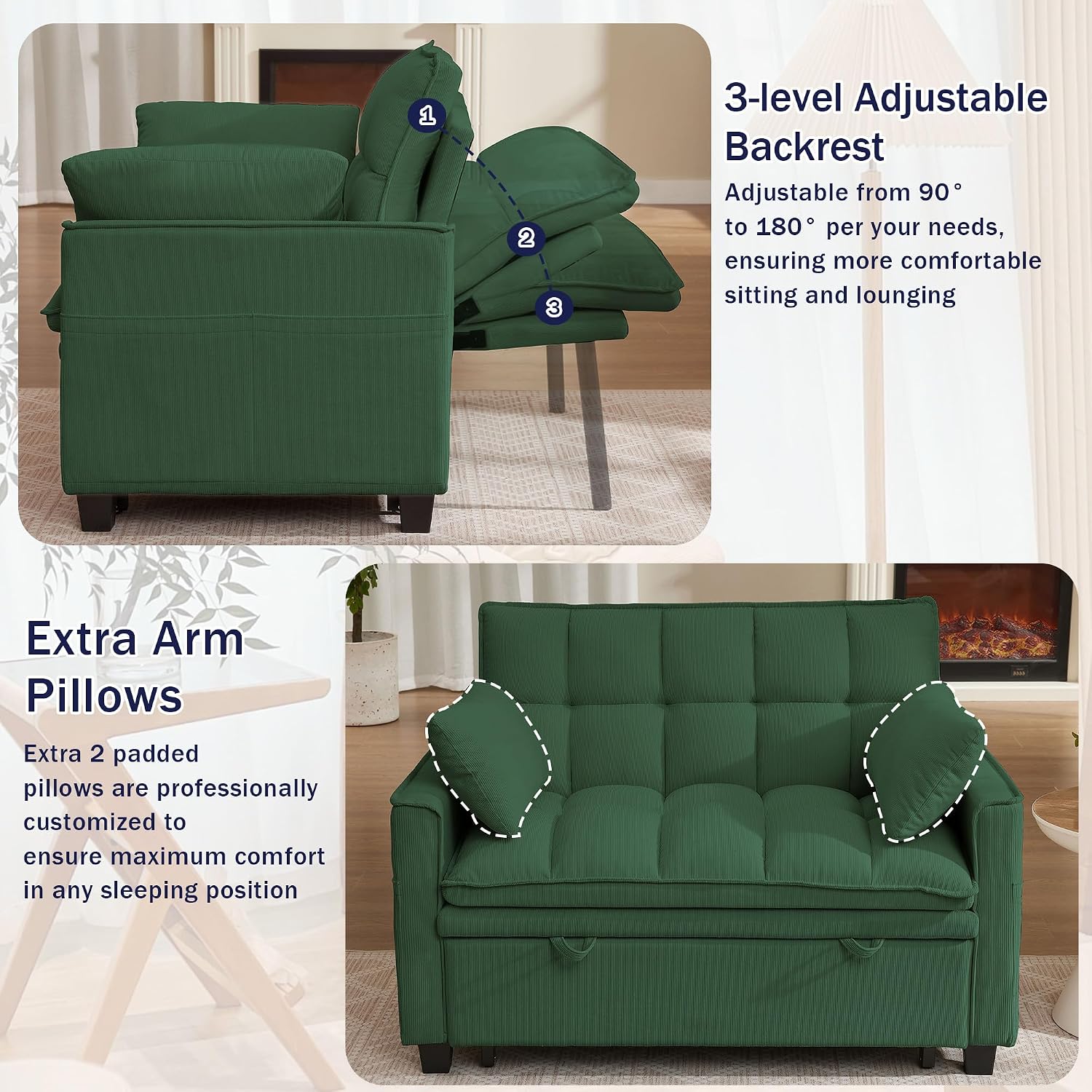 Sleeper Sofa with Pull Out Couch Bed, 48' Convertible Pull-Out Sofa Bed Chair, 3-in-1 Futon Couch with Reclining Backrest and Side Pockets for Living Room Bedroom Apartment, Green