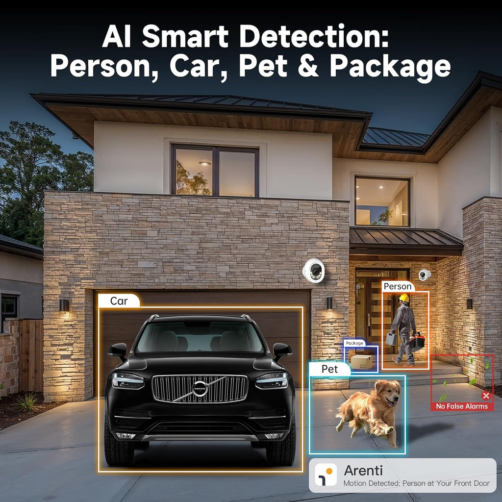 ARENTI 8MP PoE IP Camera Outdoor, 4K Bullet Surveillance Cameras for Home Security, Human/Vehicle/Pet/Package Detection, 4Pack POE Security Cameras Wired, H.265 8CH NVR with 2TB HDD for 24/7 Recording