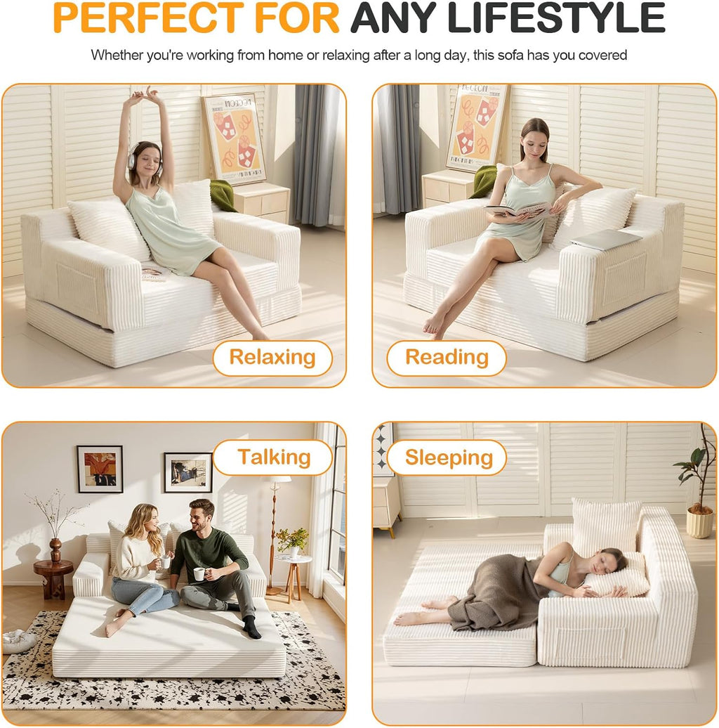 Erament Convertible Sofa Bed, Loveseat Folding Floor Futon Sleeper Sofa Couch Bed- Boneless Foldable Couch, Corduroy Pull Out Sofa Bed with 2 Pillows for Living Room & Bedroom
