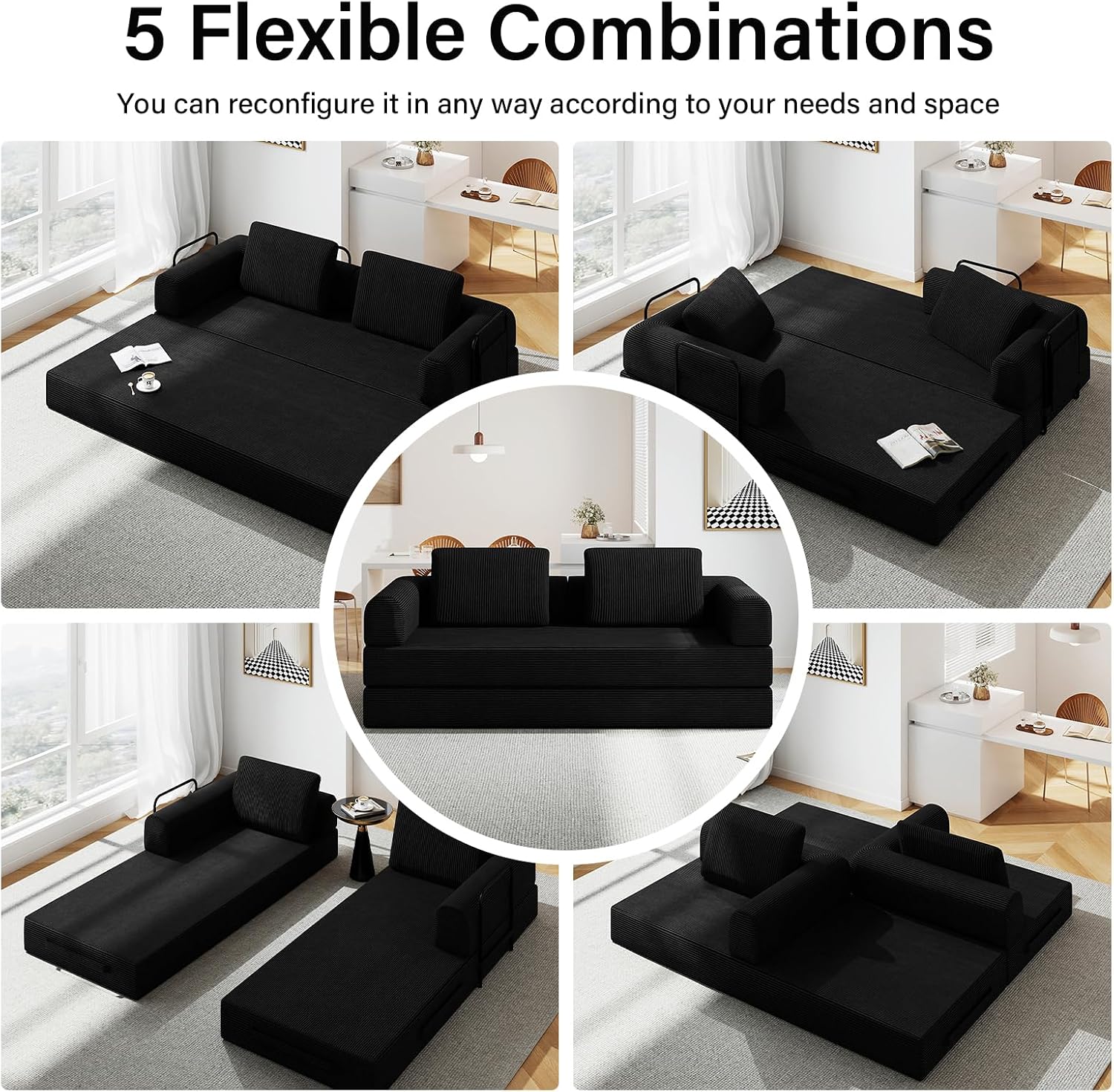 78'' Sleeper Couch Bed for Living Room, Convertible Modular Sofa with Fixed Frame and Side Pocket, Corduroy Futon Boneless Couches in a Box, No Assembly, Black