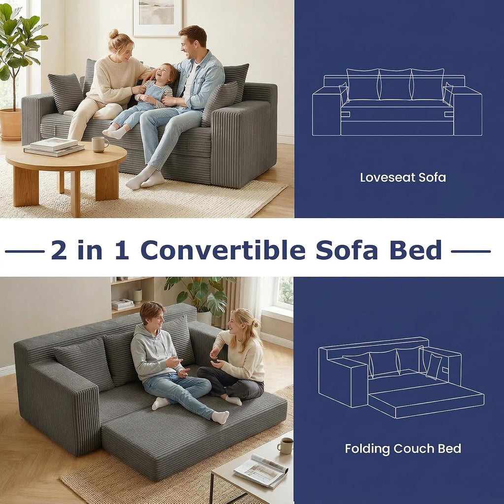 Boneless Couch for Living Room, 3 Seater Convertible Futon Sofa Bed Comfy Pull Out Couch with 5 Pillows & Detachable Washable Cover, Upholstered Floor Sofa in A Box, No Assembly Required, Grey