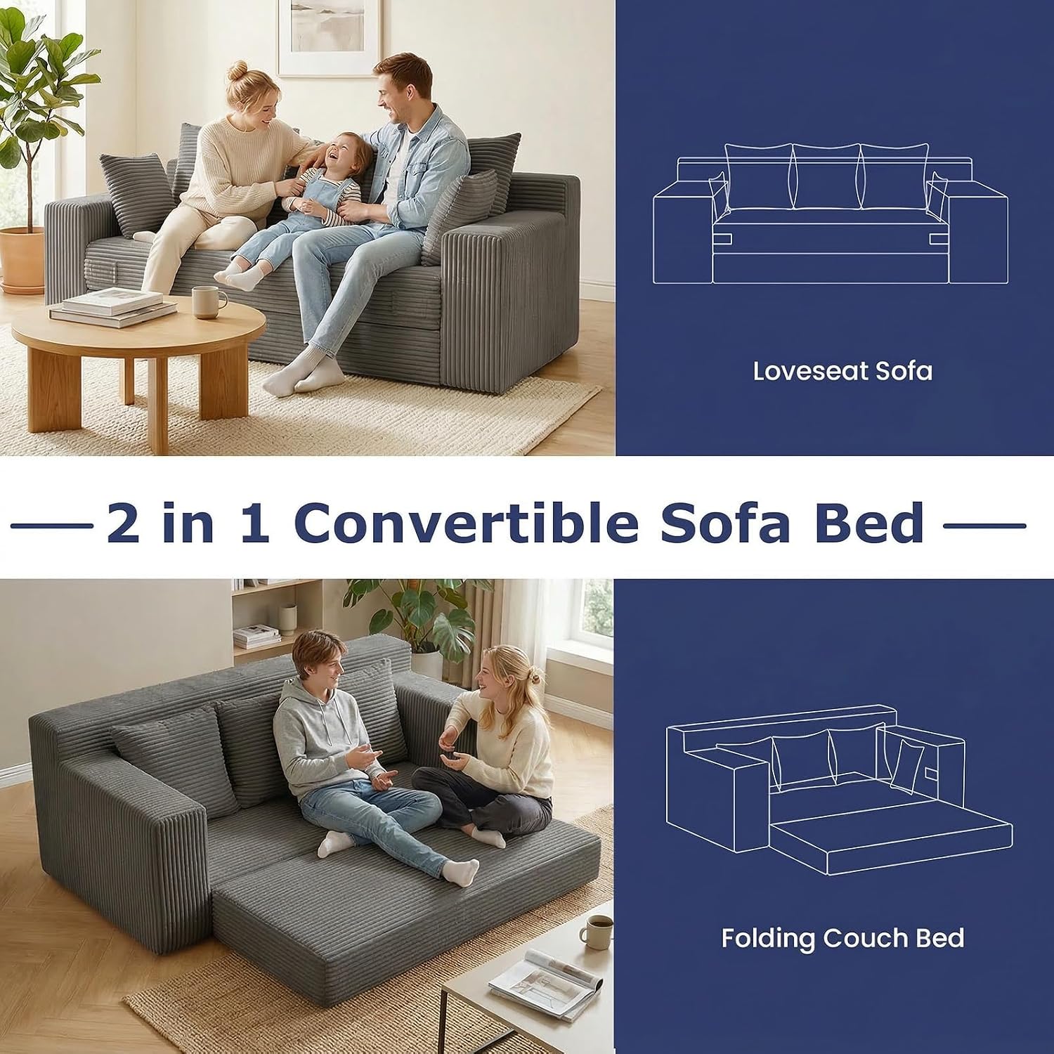 Boneless Couch for Living Room, 3 Seater Convertible Futon Sofa Bed Comfy Pull Out Couch with 5 Pillows & Detachable Washable Cover, Upholstered Floor Sofa in A Box, No Assembly Required, Grey