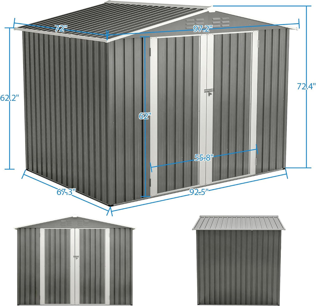 YOPTO 8 x 6 FT Outdoor Storage Shed with Floor Frame,Utility Metal Tool Storage with Lockable Doors,Air Vents & Waterproof Roof, Large Garden Shed for Backyard, Patio Lawn,Gray
