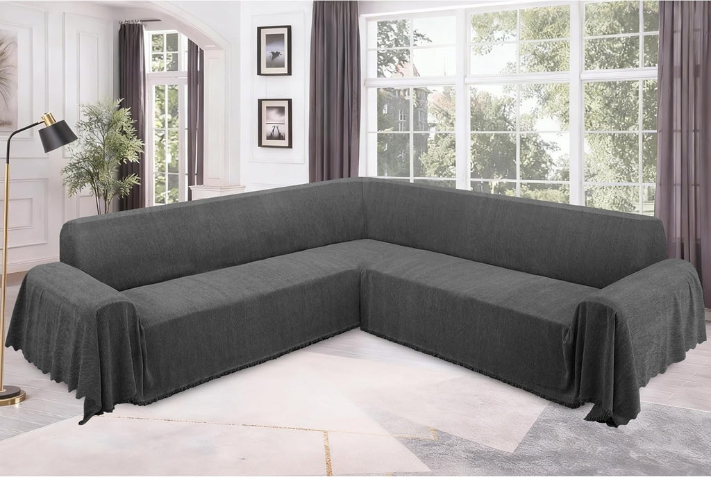 ALIECOM Corner Sectional Couch Covers L Shape Sofa Cover with Tassel Chenille Soft Thick U Shaped Sectional Slipcovers Washable Furniture Protector for Pets Dogs Cats (Dark Grey, 91x275 Inch)