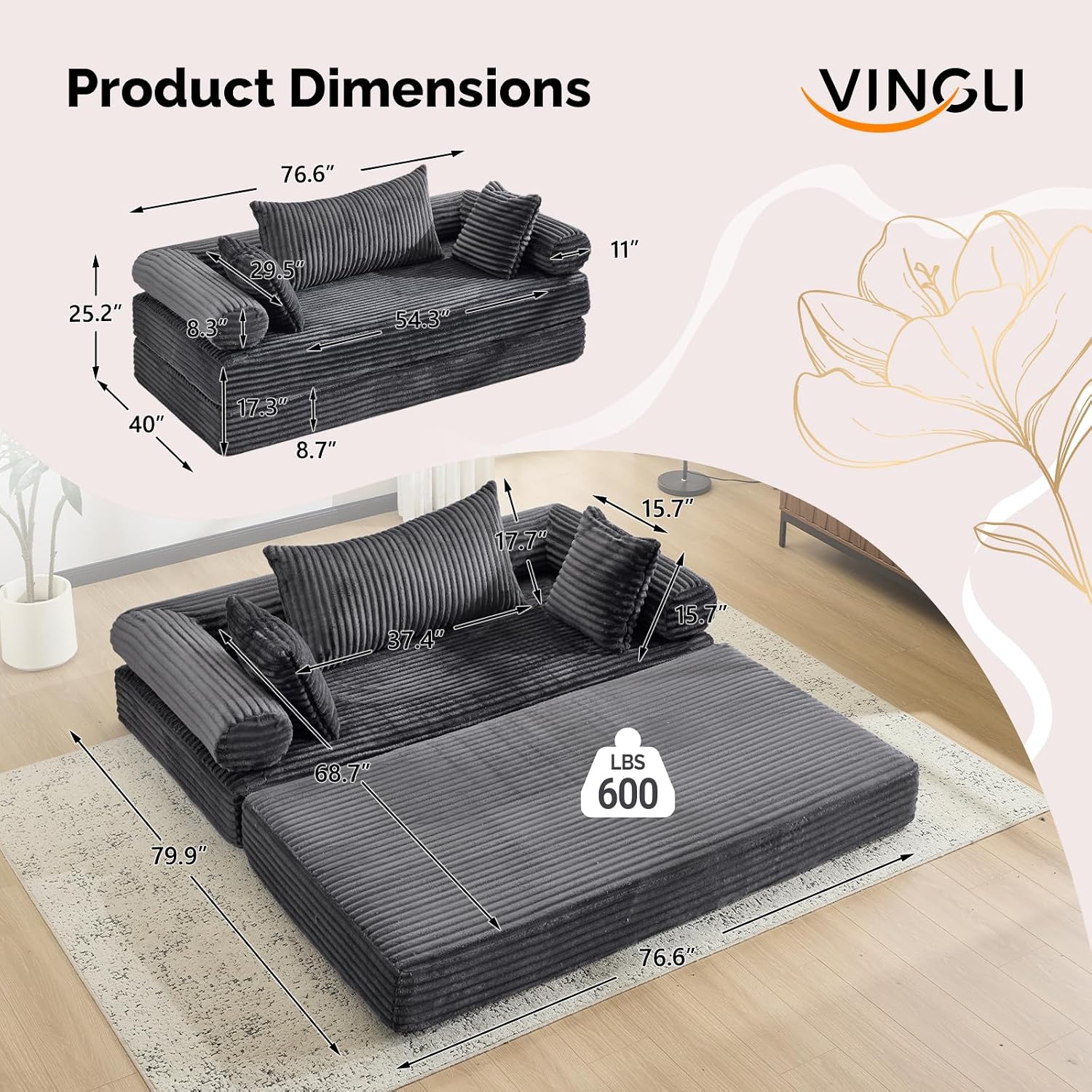 VINGLI Convertible Futon Sofa Bed, Upholstered Corduroy Boneless Couch King Size Floor Loveseat Sleeper Sofa with 2-in-1 Throw Pillow & Blanket Couches for Living Room, Bedroom, Lounge, Dark Gray