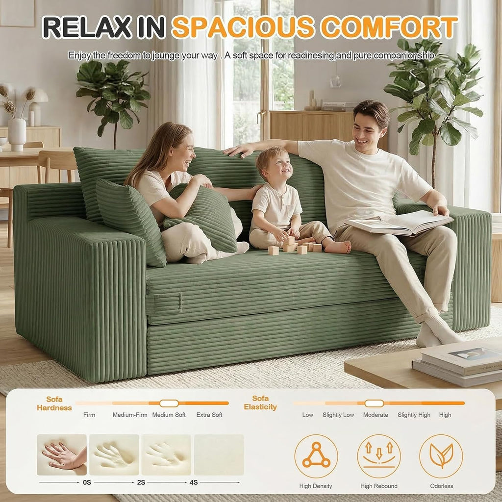 Oversize Loveseat Boneless Convertible Sofa Bed, Folding Floor Futon Sleeper Sofa Queen Size Couch Bed- Boneless Foldable Couch, Corduroy Pull Out Sofa Bed with 5 Pillows for Living Room & Bedroom