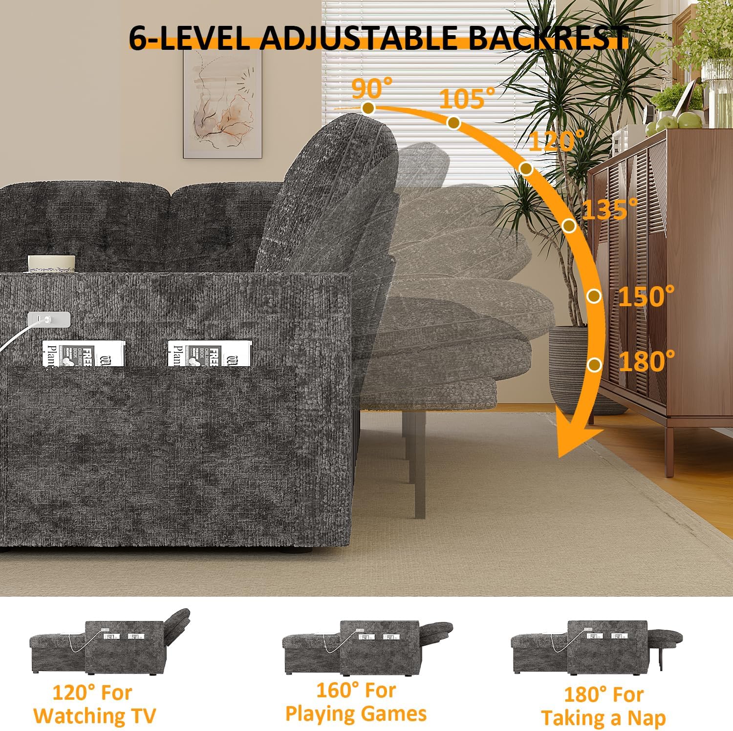 117' Sleeper Sofa Bed, U-Shaped Sofa with Dual Reversible Storage Chaise | Adjustable Backrest | Wide Armrest, Sectional Couches for Living Room, 4 in 1 Pull Out Couch Bed, Grey Chenille