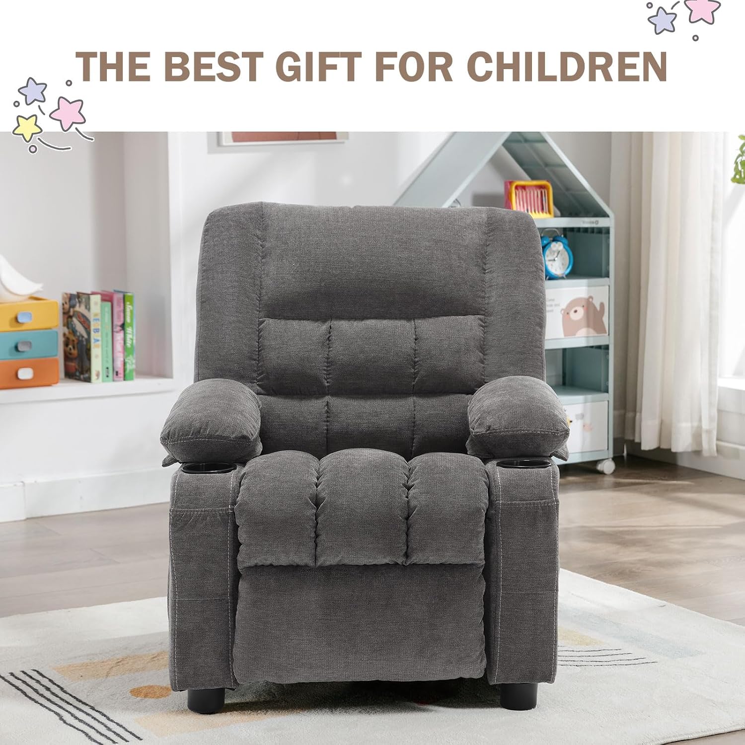 BOSMILLER Kids Recliner Chair， Push Back Toddler Recliner with Cup Holders & Side Pockets， Adjustable Footrest & Headrest Kids Sofa for Boys Girls 3+ Age Group