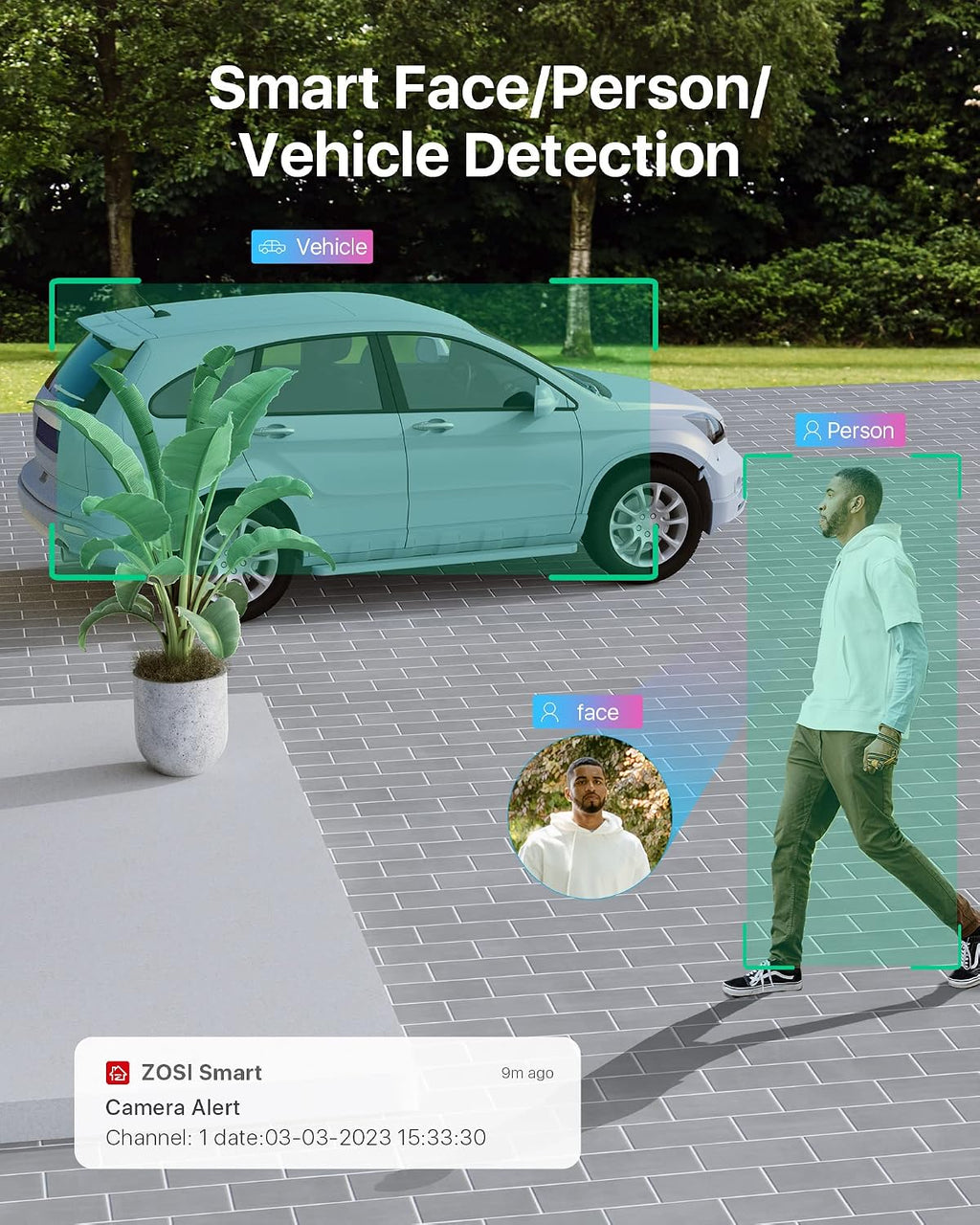 ZOSI 8CH (16CH Expandable) 4K PoE Security Camera System with AI Face Person Vehicle Detection, 6 Wired 5MP 3K Outdoor PT Bullet PoE IP Cameras, 2-Way Audio, 5X Digital Zoom, 2TB HDD, 24/7 Recording