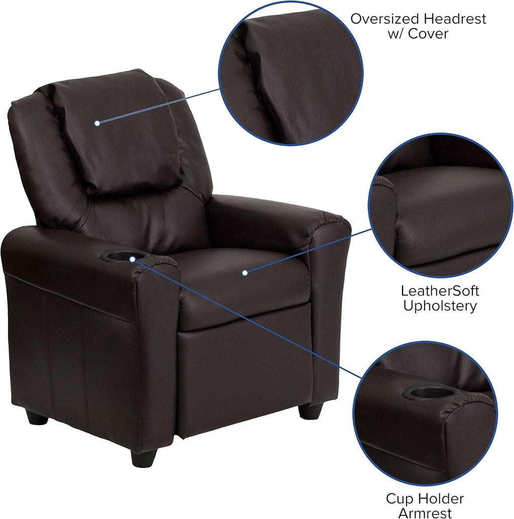 EMMA + OLIVER Brown LeatherSoft Kids Recliner with Cup Holder and Headrest