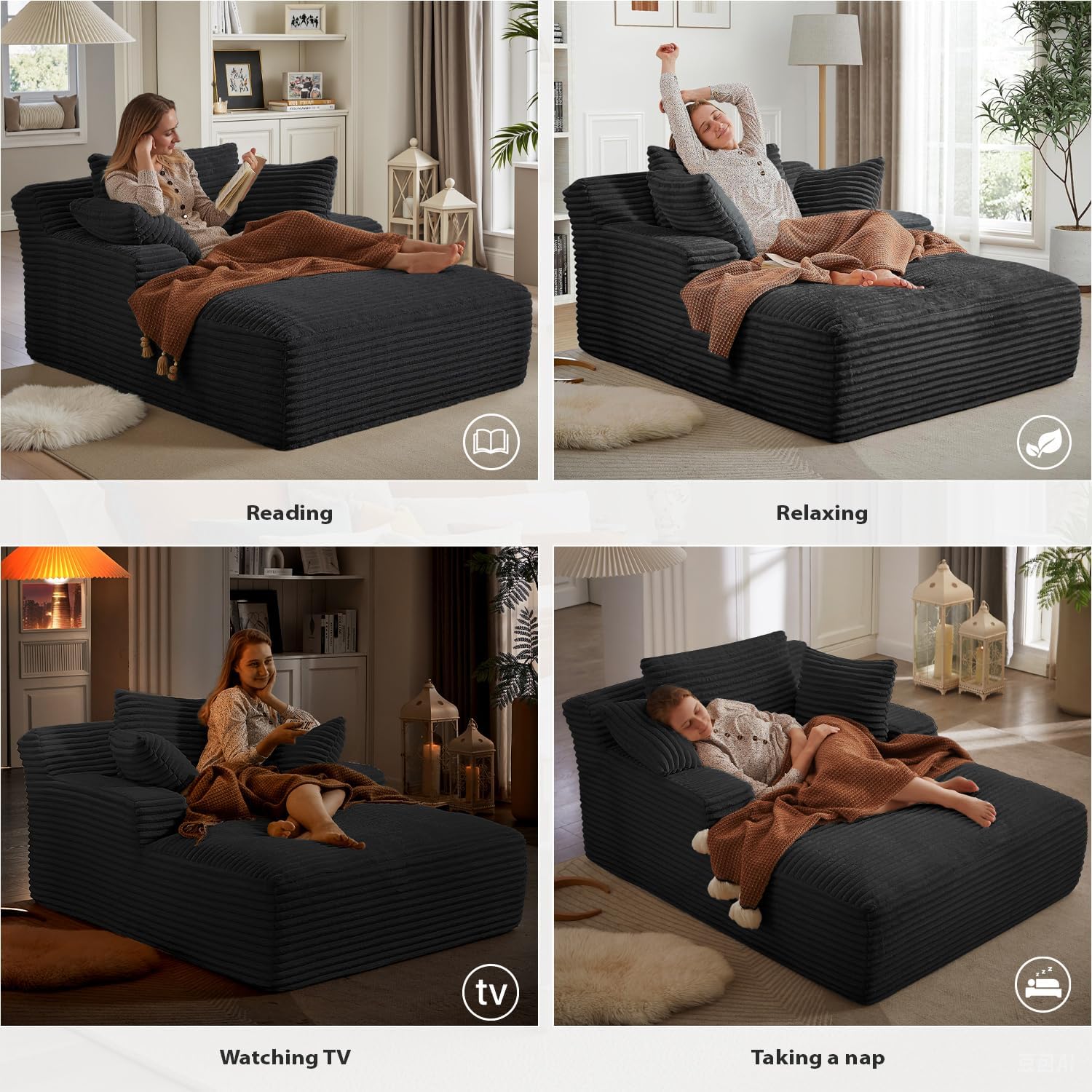 67 Inch Oversized Chaise Lounge Chair Indoor, Corduroy Upholstered Boneless Sofa Bed, Deep Seat Sleeper Couch Reading Chairs, Cloud Sofas Couches for Living Room, No Assembly Required (Black)