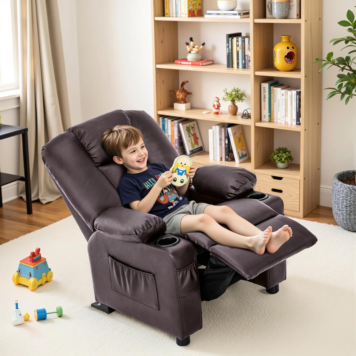 MCombo Big Kids Recliner for Ages 3+, Child Reclining Chair, Toddlers Recliner Sofa with Cup Holders, Faux Leather, 7322(Dark Brown)