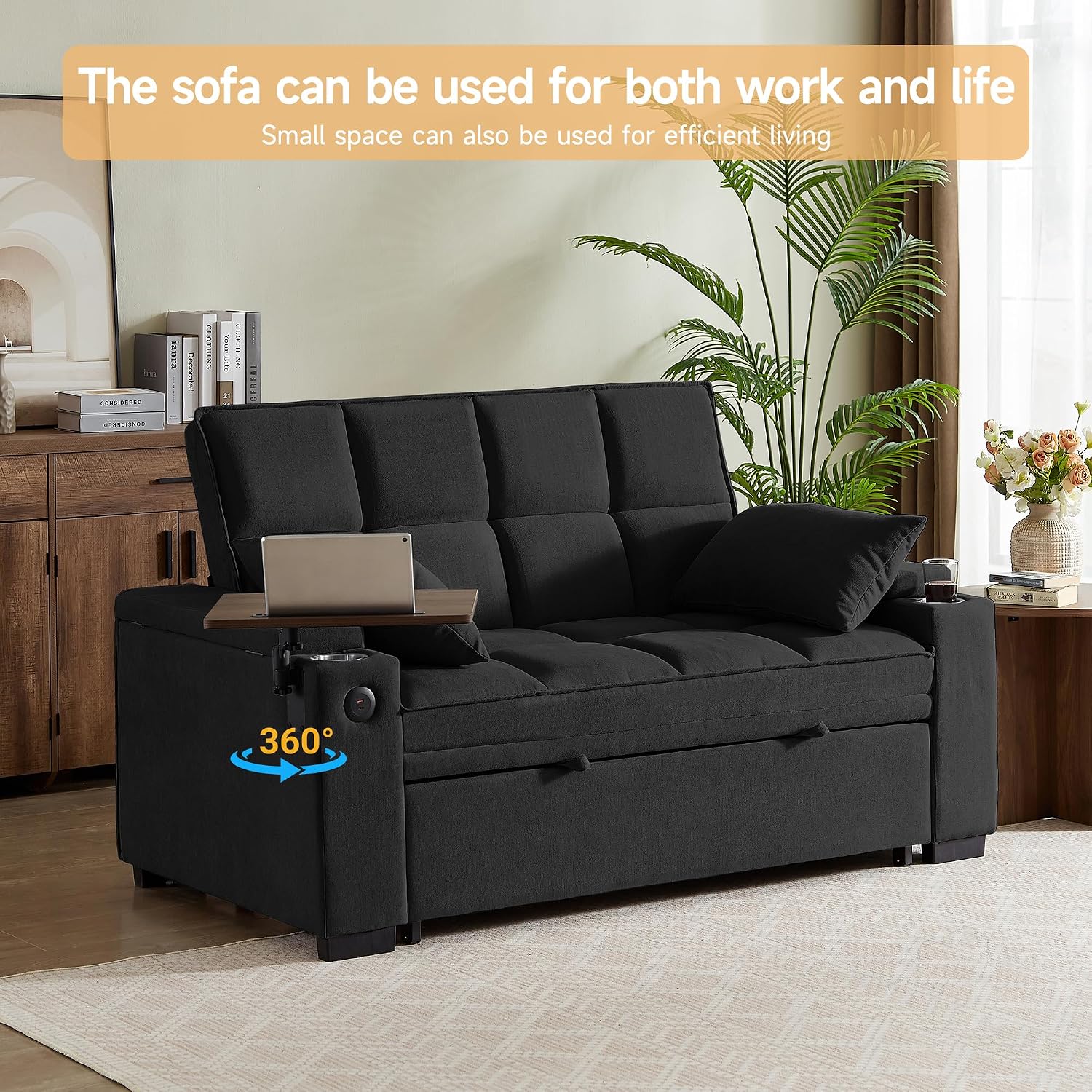 Auvsoce 65' Sleeper Sofa Bed Loveseat, Convertible Couch for Living Room, RV Sofa with Adjustable Backrest, Chaise Lounge, Side Table, USB & Type-C Ports