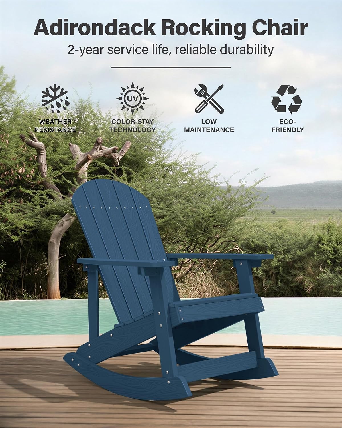 YEFU Outdoor Rocking Chair,Adirondack Rocking Chair,Patio Rocker Chair with Wide Back,Oversized Rocker Chair Look Like Real Wood, for Lawn, Porch, Backyard, Indoor and Garden(Navy Blue)
