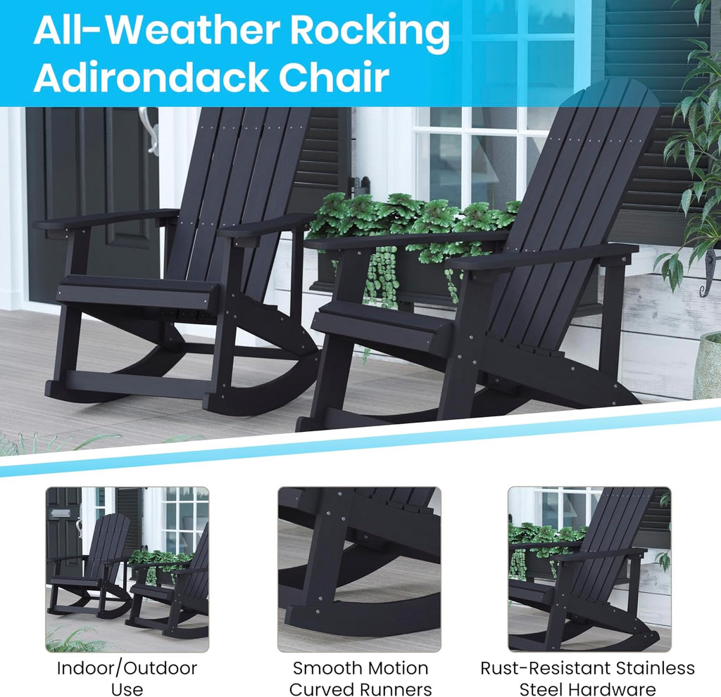 Flash Furniture Savannah All Weather Adirondack Rocking Chair, Polyresin Wood Adirondack Chair with 350-lb. Static Weight Capacity, Black