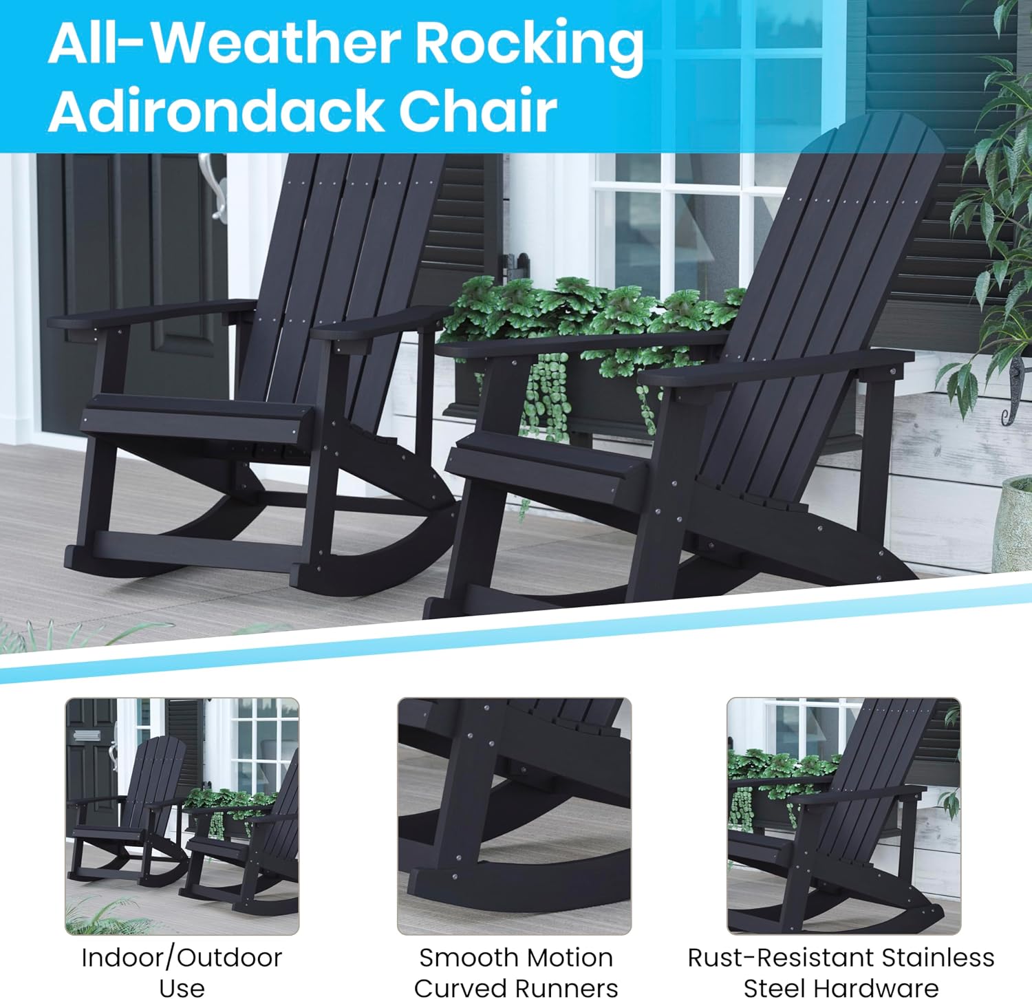 Flash Furniture Savannah All Weather Adirondack Rocking Chair, Polyresin Wood Adirondack Chair with 350-lb. Static Weight Capacity, Black