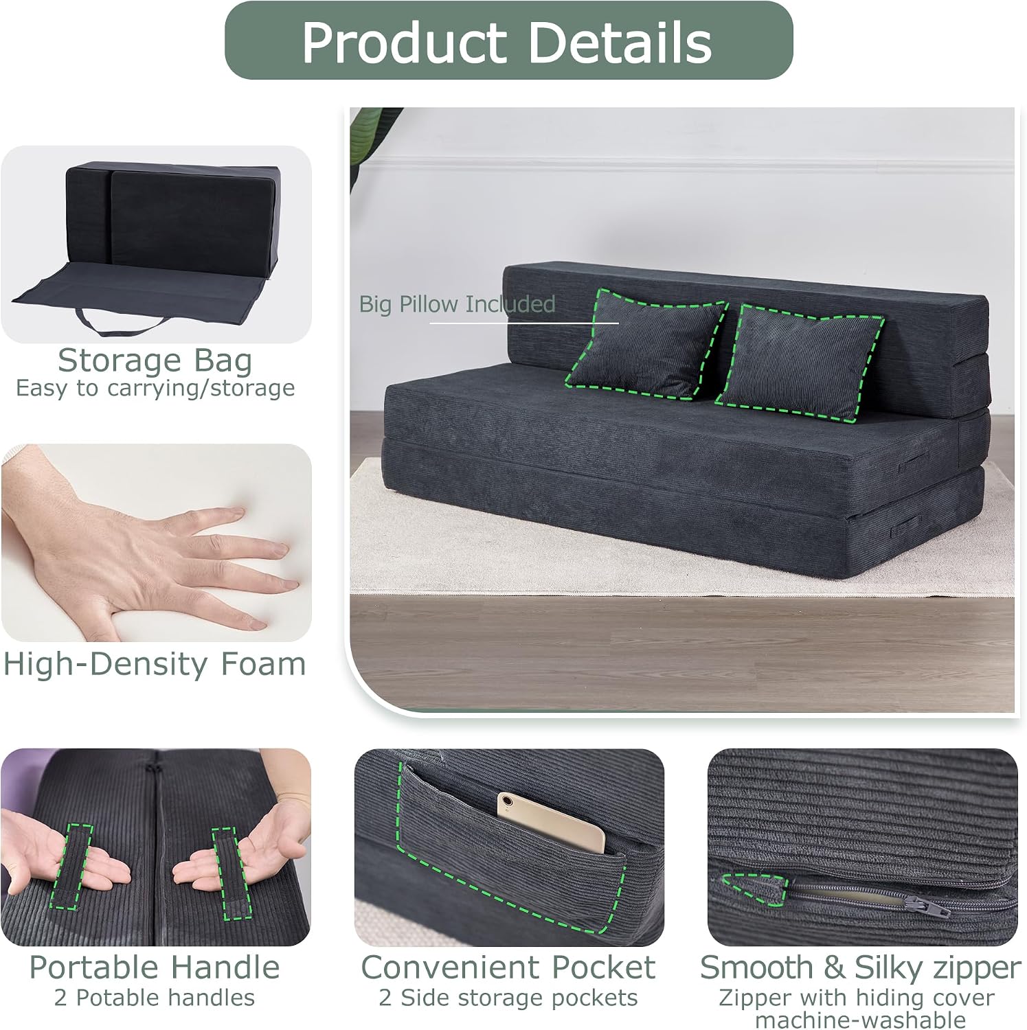 Folding Sofa Bed, 4 in 1 Convertible Sleeper Chair with Pillow, Queen Memory Foam Fold Out Chair Bed, Modern Floor Futon Sofa Couch Mattress for Living Room/Guest/Apartment, Dark Grey