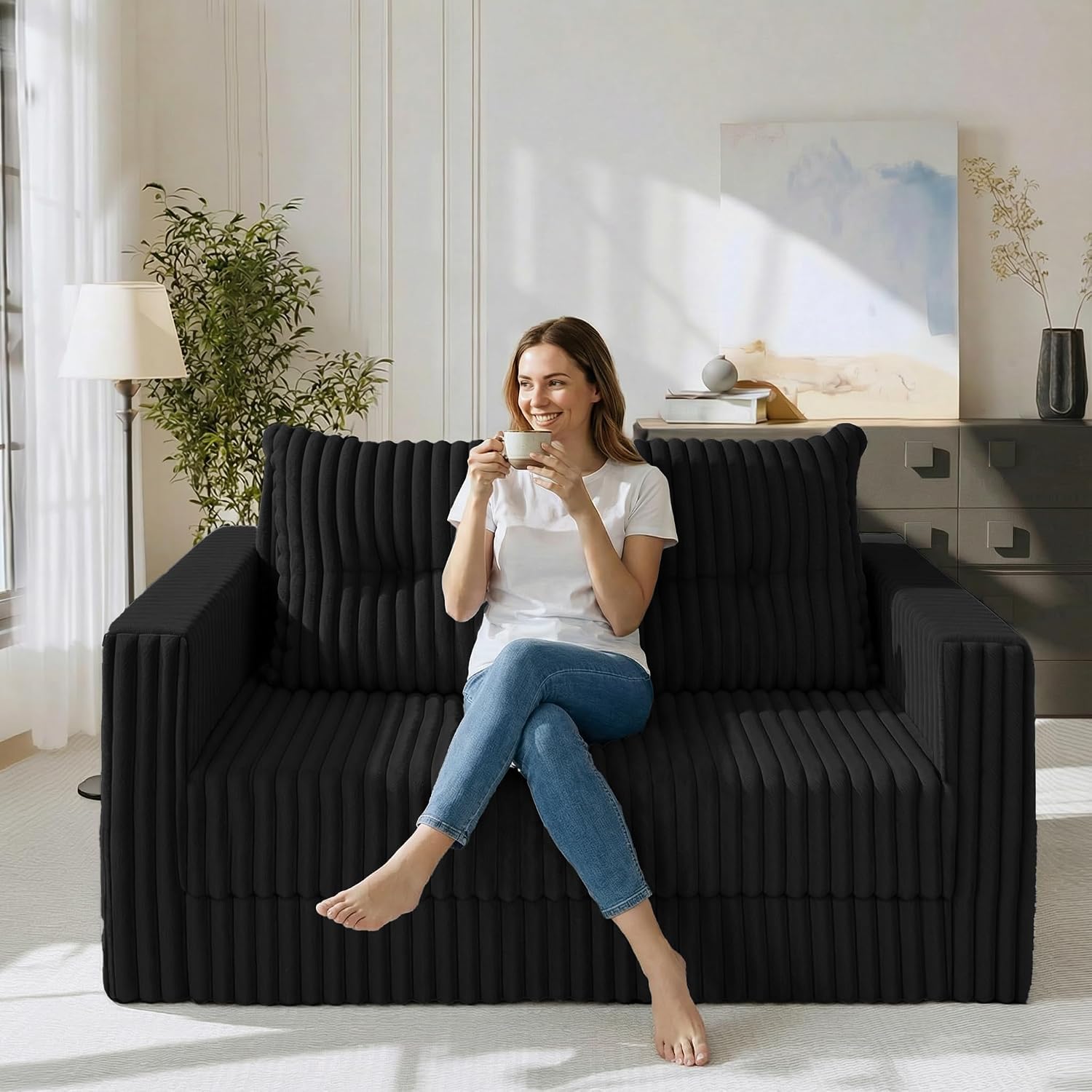 HABUTWAY Folding Sofa Bed, 2 in 1 Convertible Sleeper Chair with Pillow, Portable Fold Out Chair Bed with Armrest, Comfy Floor Couch, Lazy Sofa for Living Room Bedroom Dorm Home Office, Black