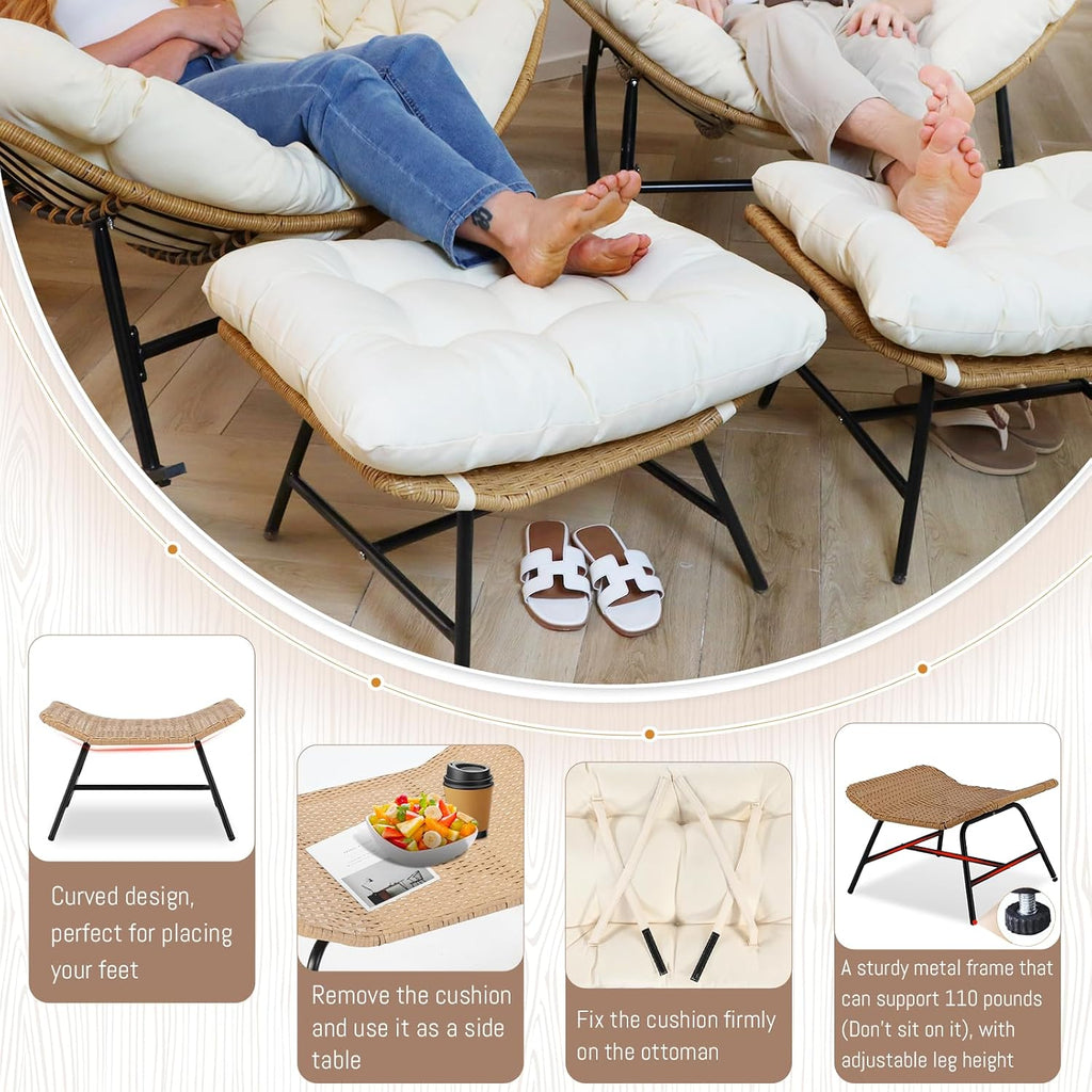 BULEXYARD Oversized Papasan Rocking Chair Set of 4, Double Wide Egg Rocking Chair with Ottomans and Cushion, 450 Lbs, Wicker Rattan Royal Loveseat Recliner for Indoor Outdoor Backyard, Garden Beige