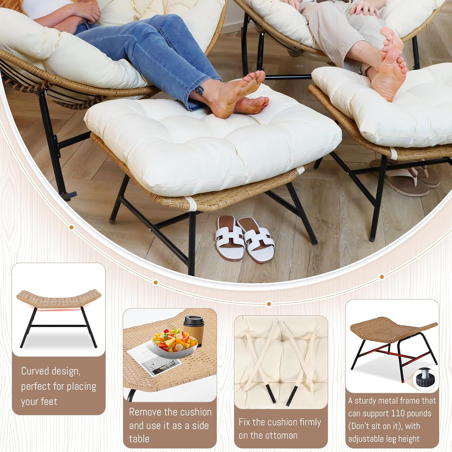BULEXYARD Oversized Papasan Rocking Chair Set of 4, Double Wide Egg Rocking Chair with Ottomans and Cushion, 450 Lbs, Wicker Rattan Royal Loveseat Recliner for Indoor Outdoor Backyard, Garden Beige