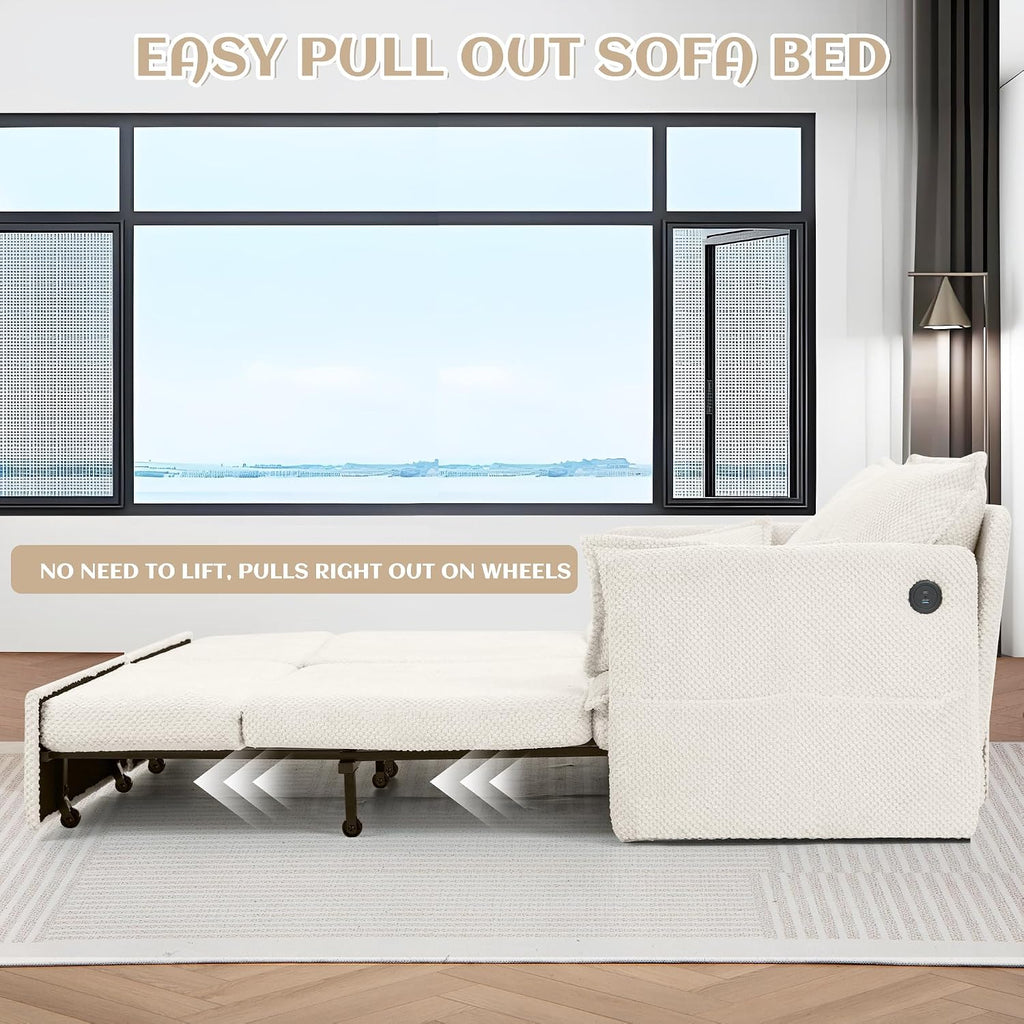 SUNWAVE 74' Pull Out Sofa Bed - Convertible Sleeper Sofa Bed, Corduroy Loveseat Pull Out Couch with USB Charging, Side Pockets for Living Room, Bedroom, Small Spaces (Cream, 74')