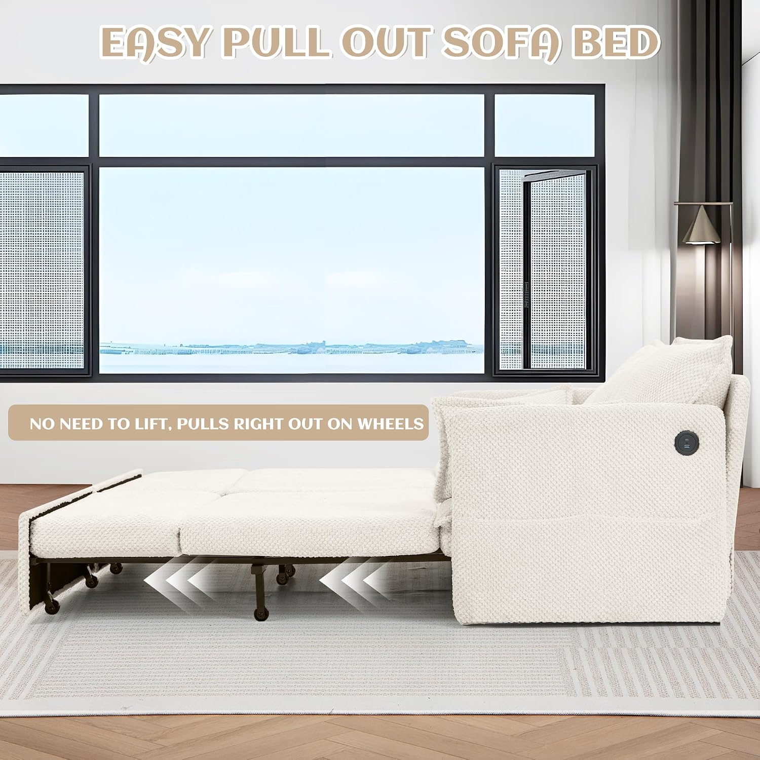 SUNWAVE 74' Pull Out Sofa Bed - Convertible Sleeper Sofa Bed, Corduroy Loveseat Pull Out Couch with USB Charging, Side Pockets for Living Room, Bedroom, Small Spaces (Cream, 74')