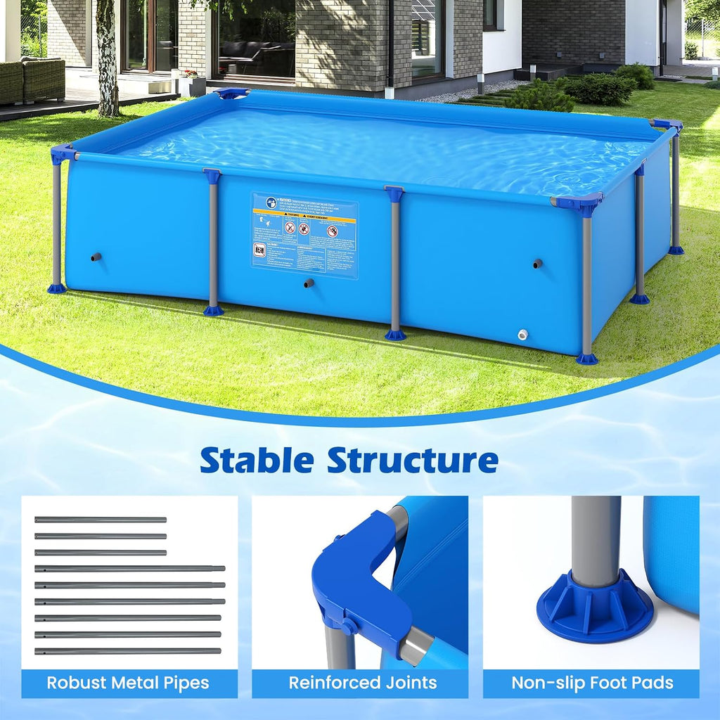 GYMAX 8.5' x 6' x 26' Metal Frame Above Ground Swimming Pool, Outdoor Backyard Famliy Pool w/Puncture-Resistant Fabric, Drainage Valve Connector for Kids & Adults (8.5' x 6' x 26', Rectangle, Blue)