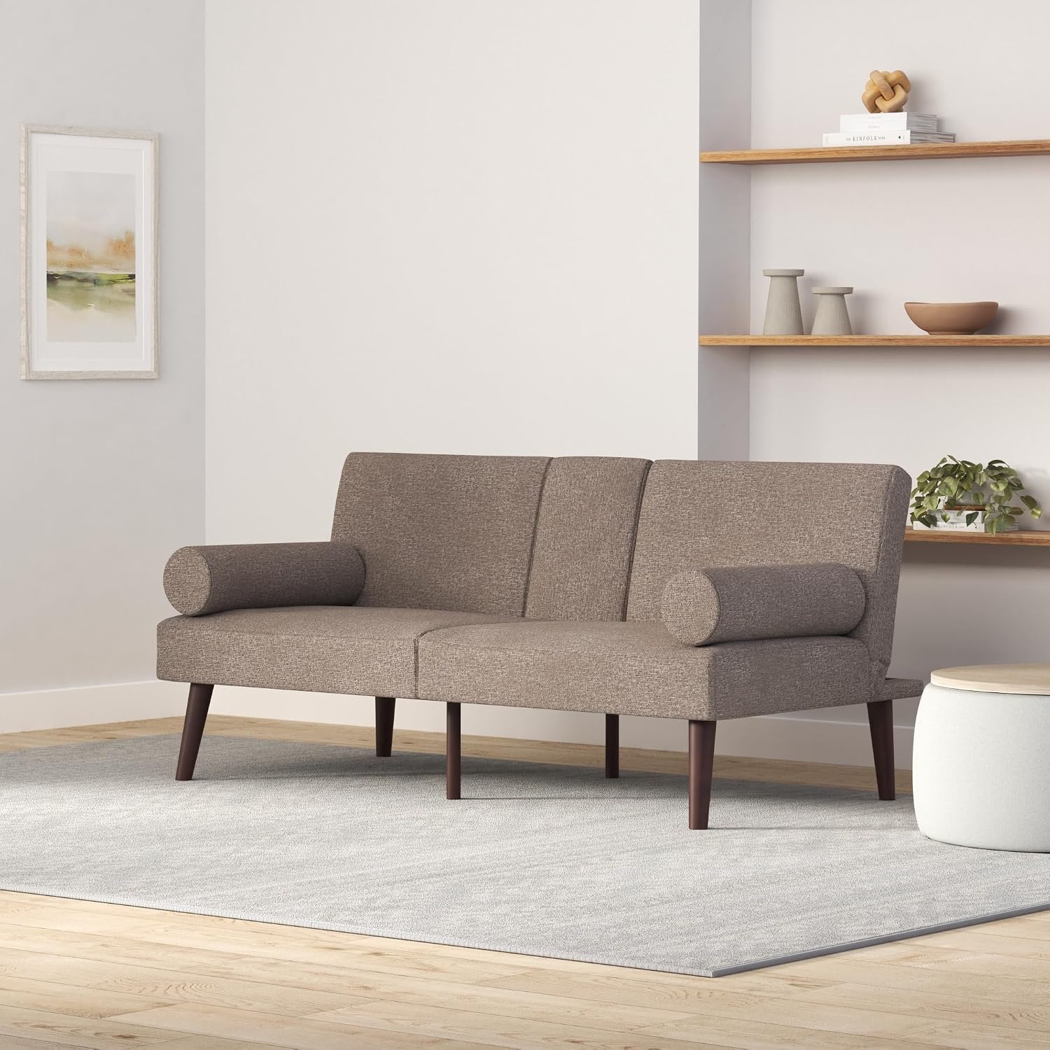 Best Choice Products Mid-Century Modern Upholstered Futon, Convertible Folding Sofa Bed, Small Couch w/Rounded Armrests, 2 Cupholders - Gray