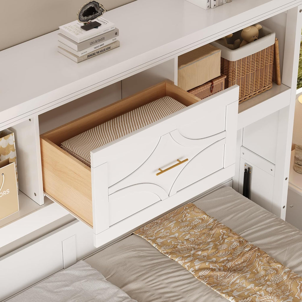 Merax Farmhouse Wood Murphy Bed Chest with Charging Station & Drawer, Storage Wall Bed with Wood Slat Support/Space Saving, Twin,White