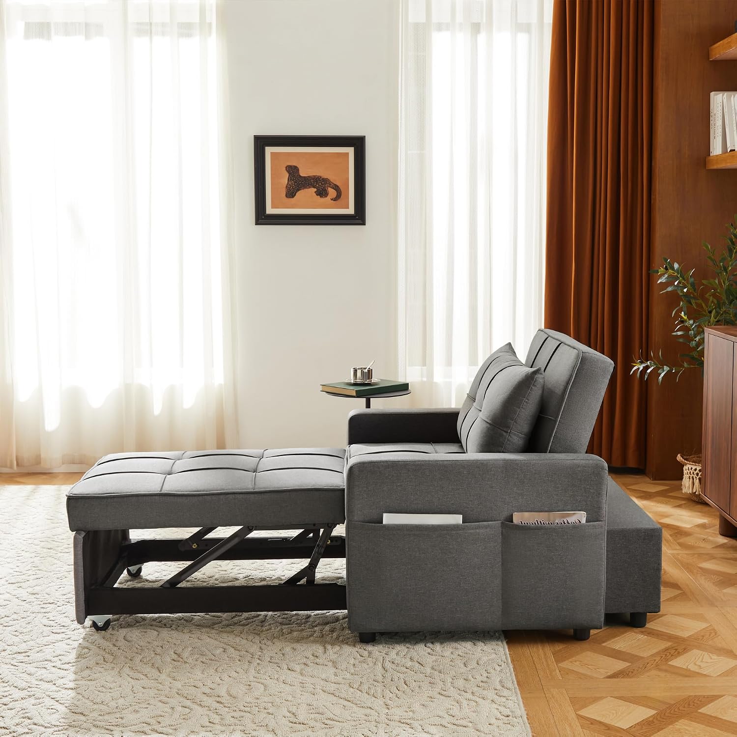 Yosonch Sofa Bed Chair Convertible ，Sleeper Sofa with Pull-Out Bed ，3-in-1 Futon Couch with Reclining Backrest and Side Pocket (Dark Grey, 35.6')
