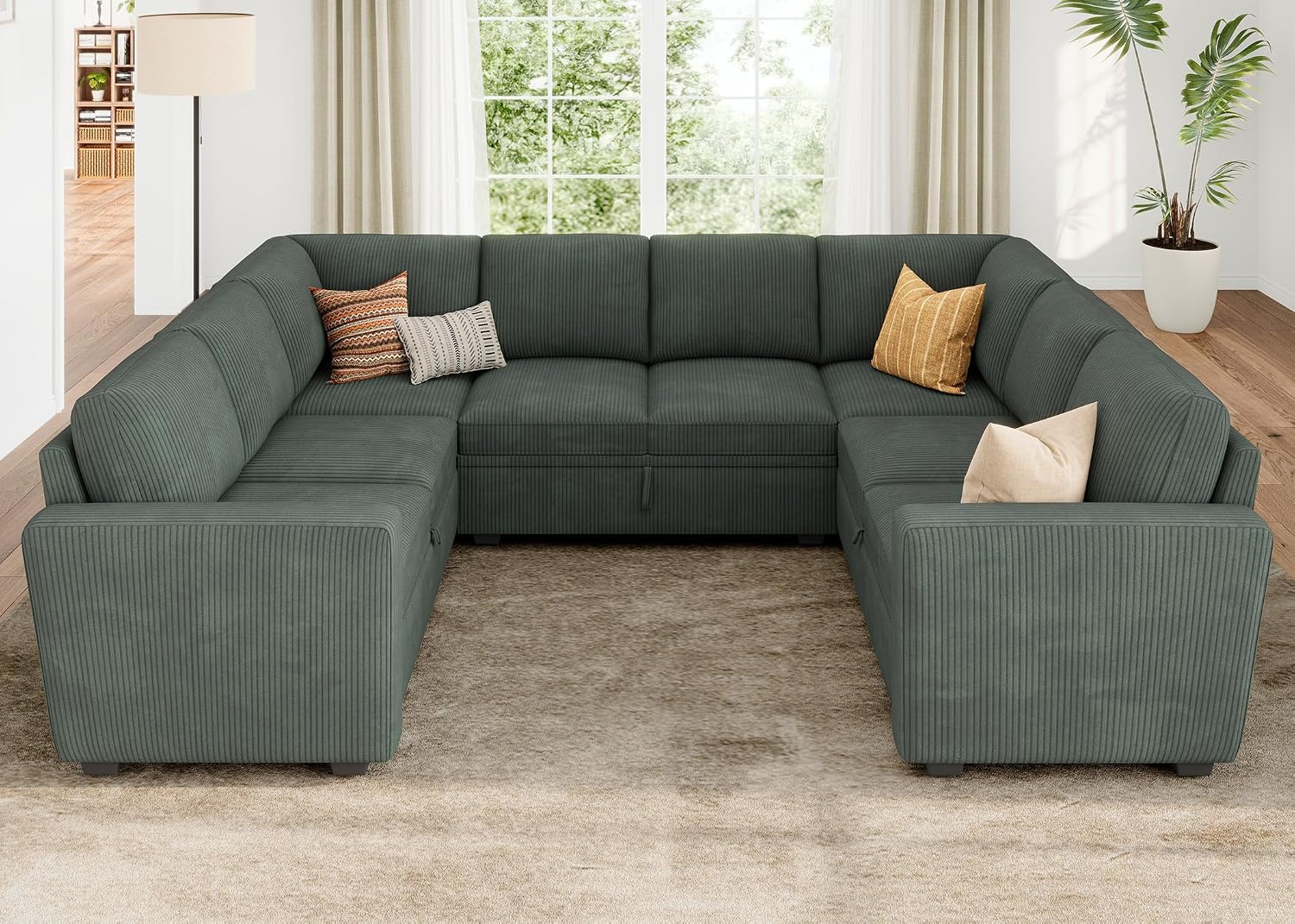 HONBAY Modular Sectional Pull Out Couch Bed, Corduroy Sleeper Sofa with Storage Seats, Oversized U Shaped Sectional Couches for Living Room, Green