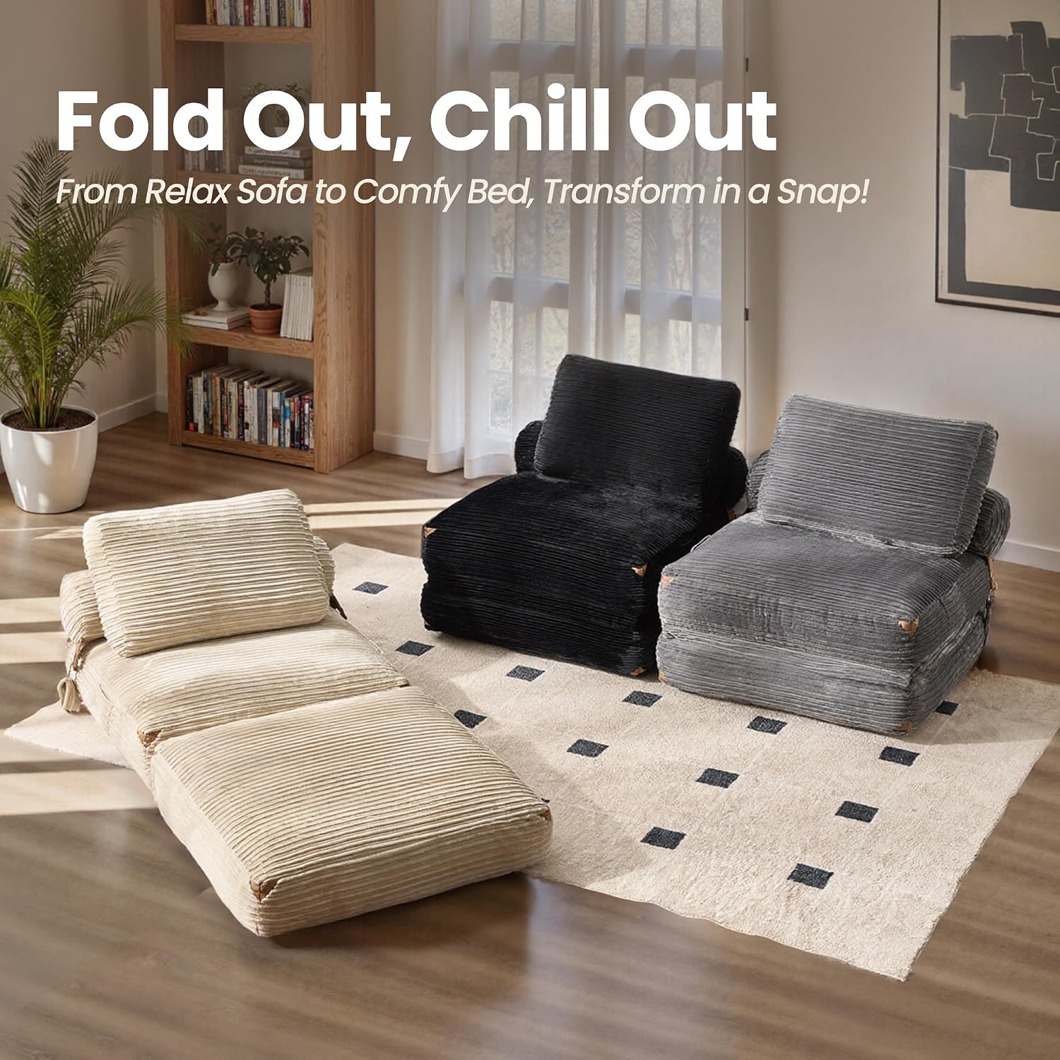 ovios Folding Sofa Bed, Foldable Sleeper Chair Floor Futon, Comfy Portable Convertible Fold Out Lounge Chairs for Living Room Bedroom, Black