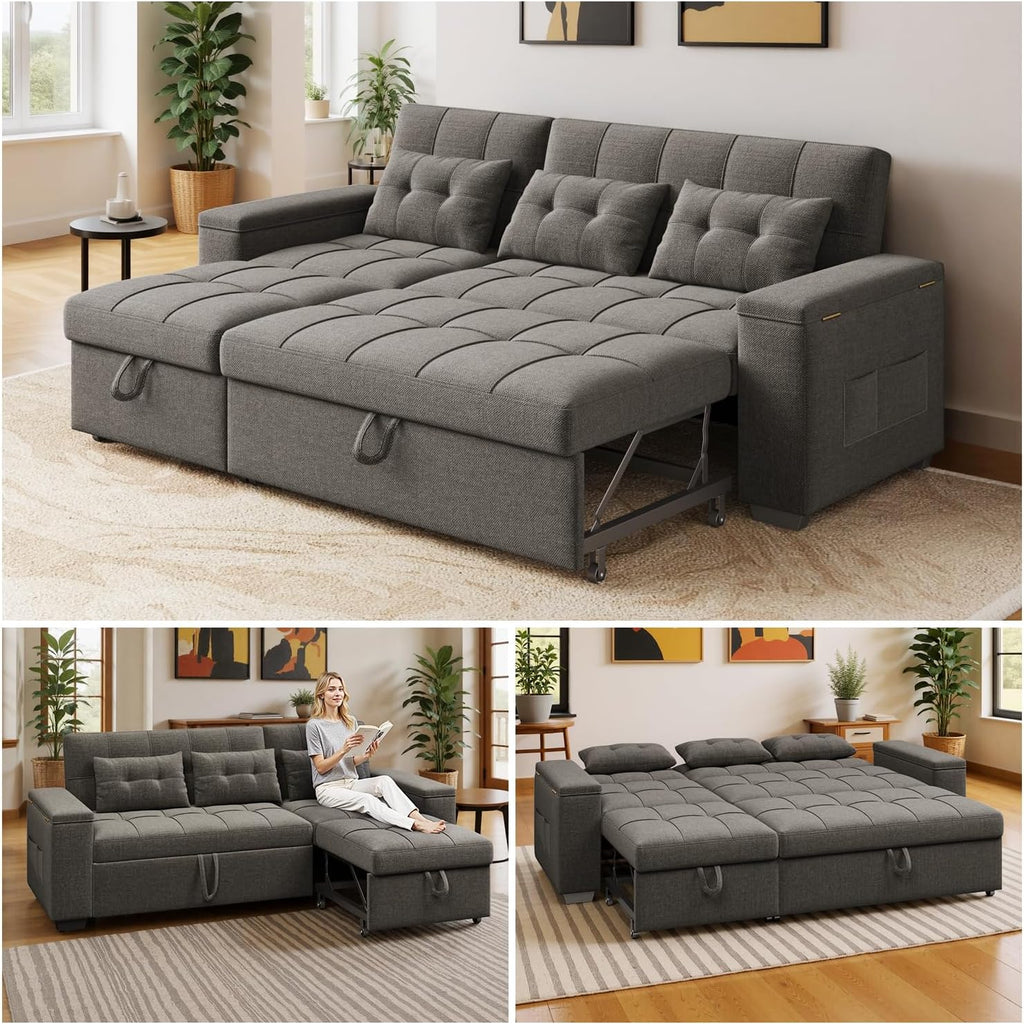 Ahomly 87' Convertible Sofa Bed – Space-Saving Sleeper with Pull-Out Design, Adjustable Backrest, Wide Armrests with Storage, Plush Cushions, Cozy for Small Spaces (Dark Grey)