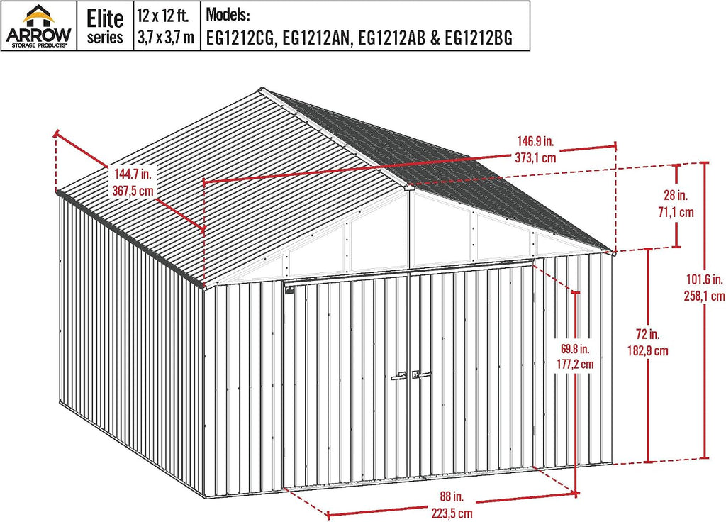 Arrow Shed Elite 12' x 12' Tall Outdoor Steel Storage Shed with High Gable and Lockable Doors Storage Building, Anthracite
