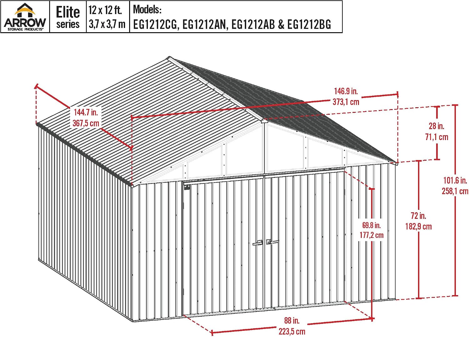 Arrow Shed Elite 12' x 12' Tall Outdoor Steel Storage Shed with High Gable and Lockable Doors Storage Building, Blue Grey