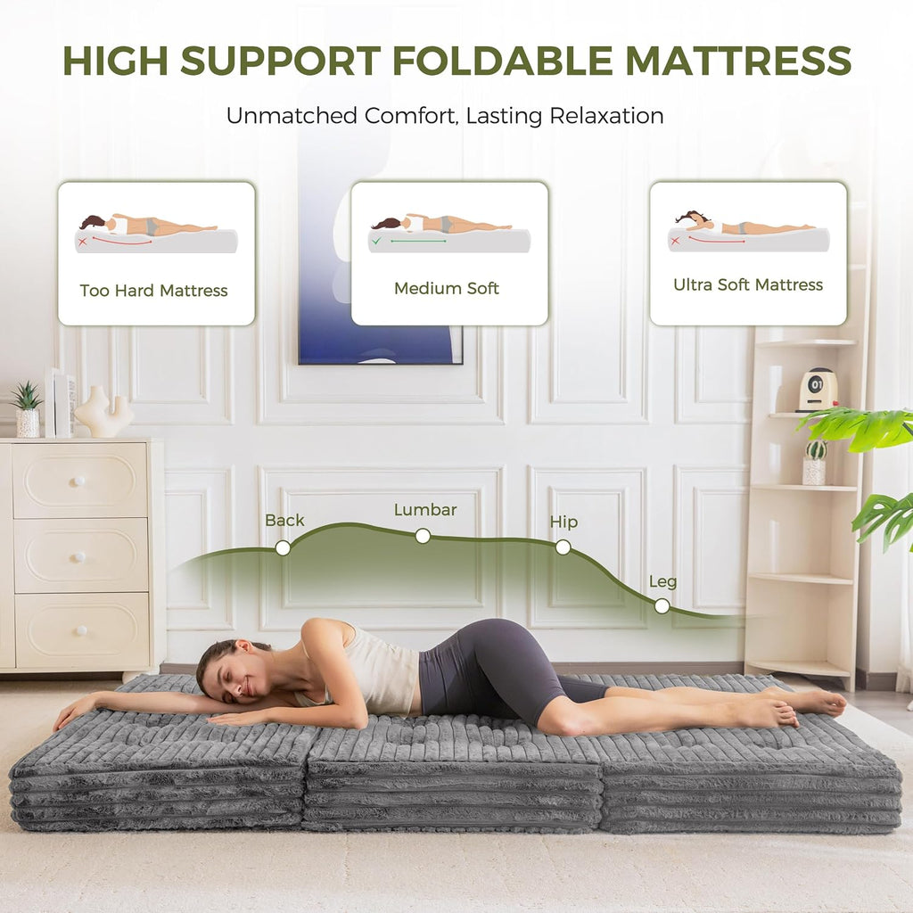 MAXYOYO Folding Sofa Couch Bed, 6 Inch Tri-Fold Floor Sofa Bed, Folding Mattress with Handles, Soft Faux Fur Folding Bed with Supportive Foam Filling, Portable Couch for Living Room, Full, Grey