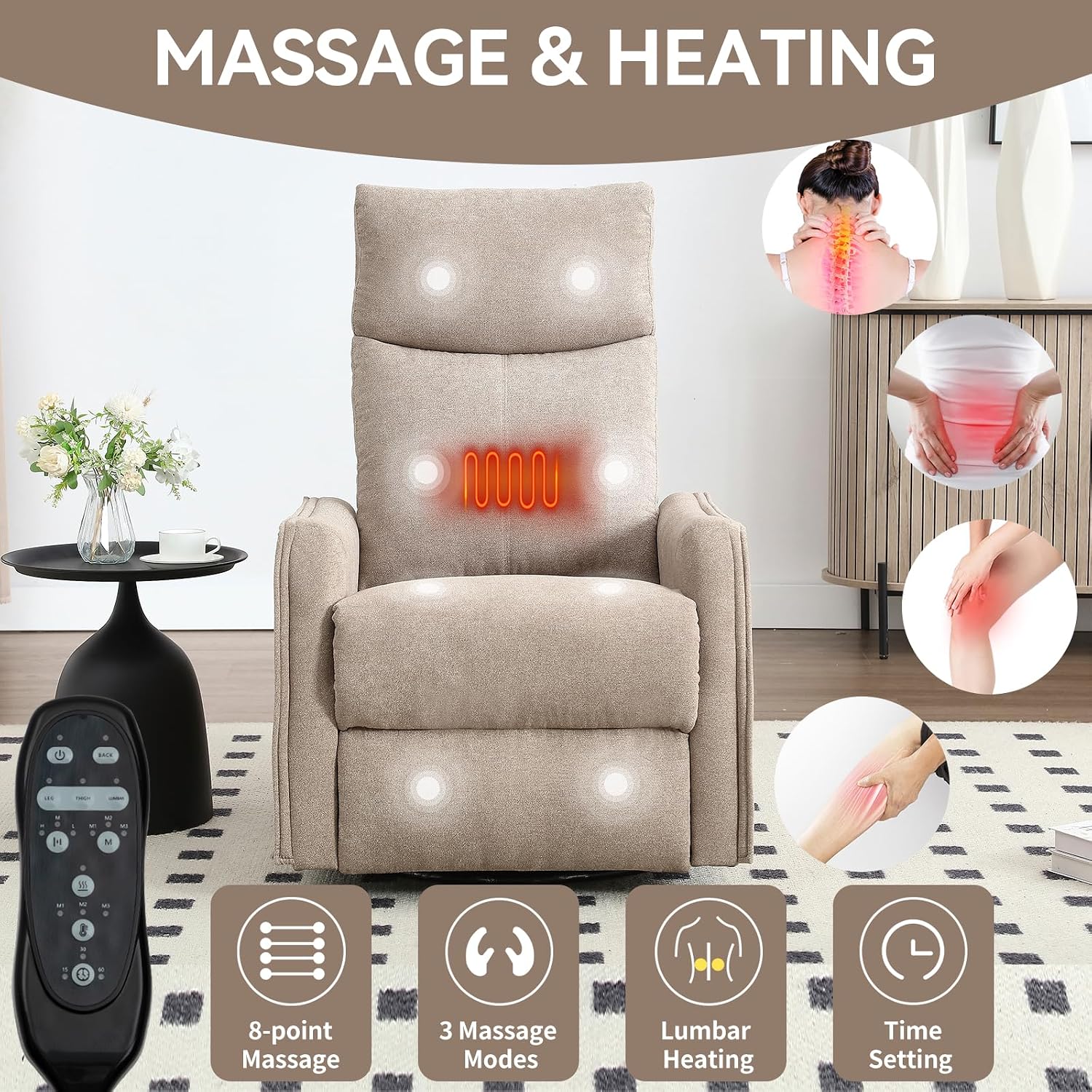 Massage Chair Recliner with Heat, 360° Swivel Glider Rocker with Reclining Backrest and Footrest, Manual Lazy Boy Recliners for Adults, Modern Nursery Rocking Chairs (Khkai)