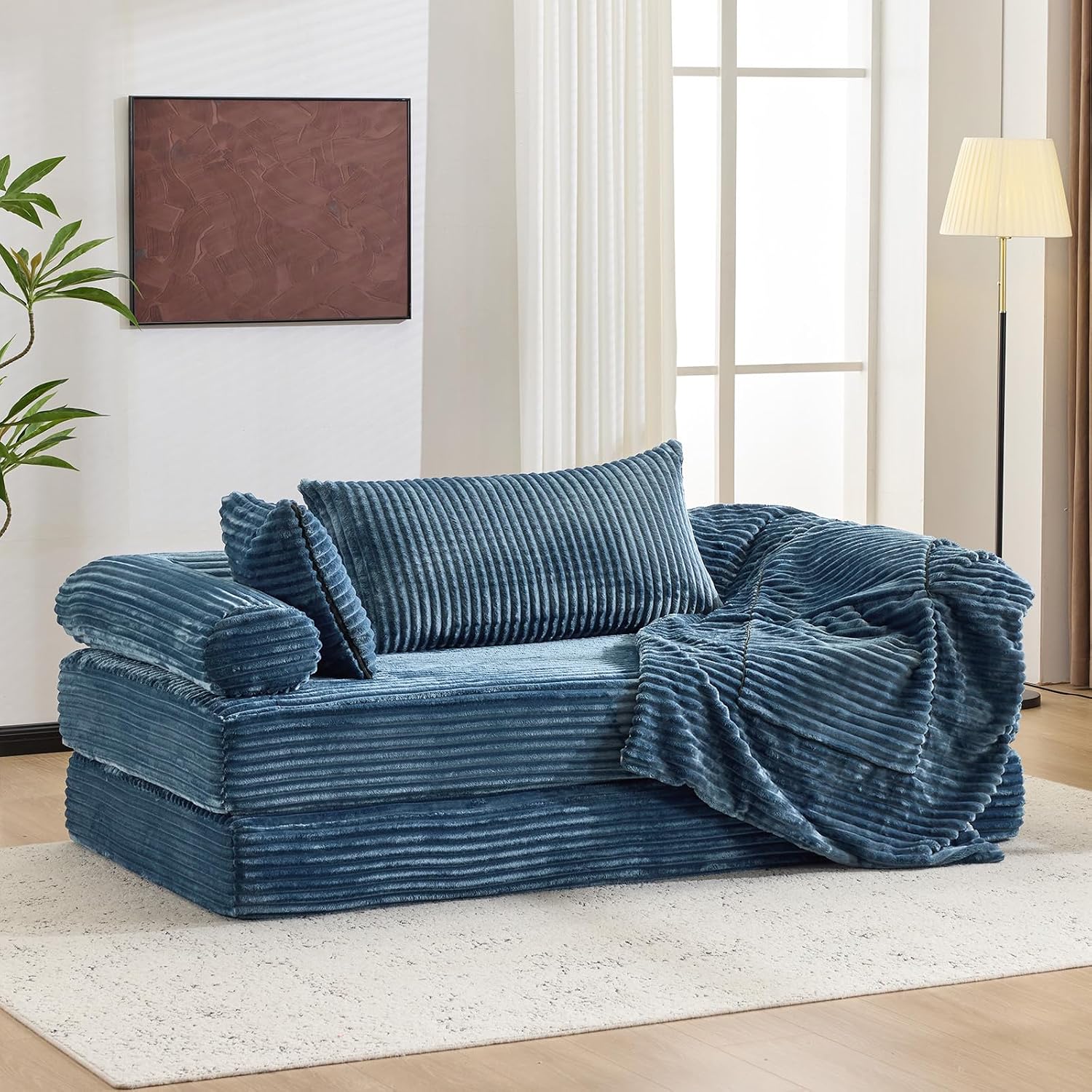 VINGLI Convertible Futon Sofa Bed, Upholstered Corduroy Boneless Couch King Size Floor Loveseat Sleeper Sofa with 2-in-1 Throw Pillow & Blanket Couches for Living Room, Bedroom, Lounge, Navy Blue