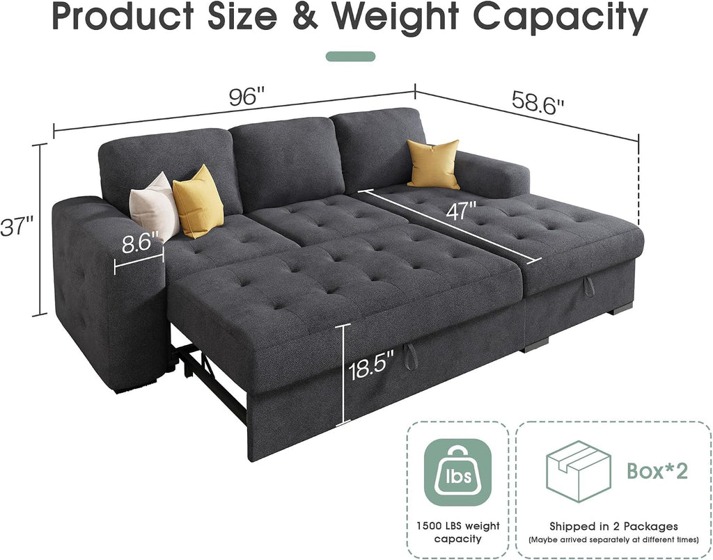 VanAcc 96' Sleeper Sofa, Sofa Bed Couch with Storage Chaise, Sleeper Couch with Pull Out Bed for Living Room(Grey)