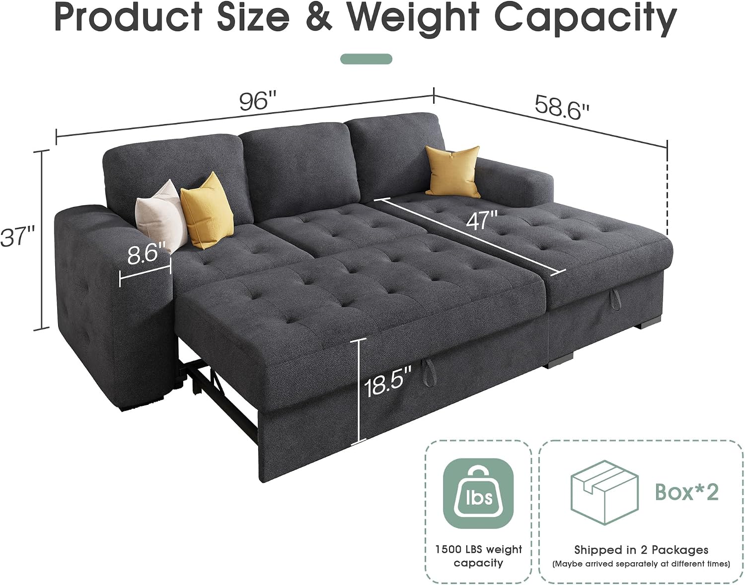 VanAcc 96' Sleeper Sofa, Sofa Bed Couch with Storage Chaise, Sleeper Couch with Pull Out Bed for Living Room(Grey)