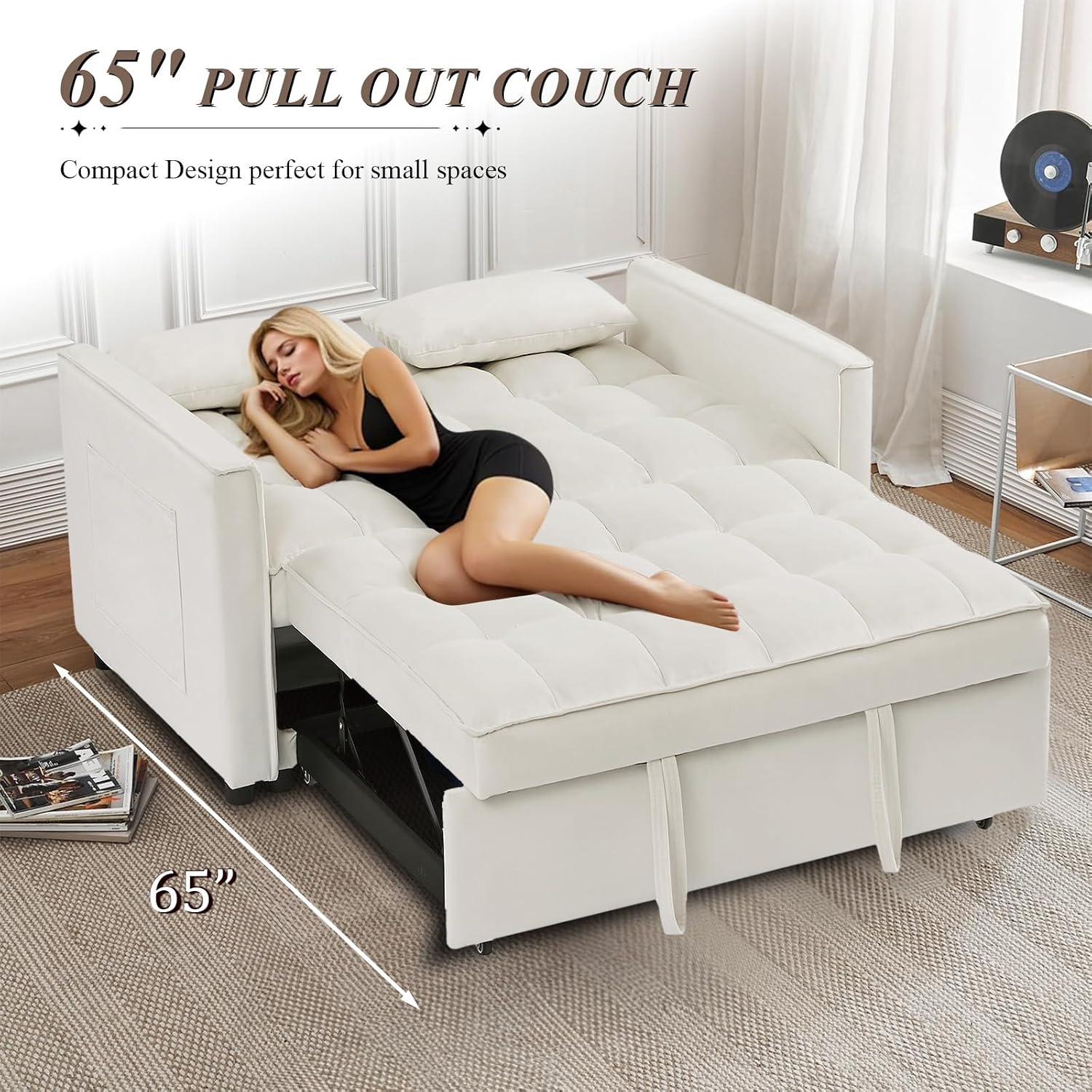 3 in 1 Convertible Sleeper Sofa Bed, Futon Couches for Living Room with Side Pocket/Adjustable Backrest, Velvet Upholstered Pull Out Couch, Small Loveseat Sofa Bed for Bedroom Office Small Spaces