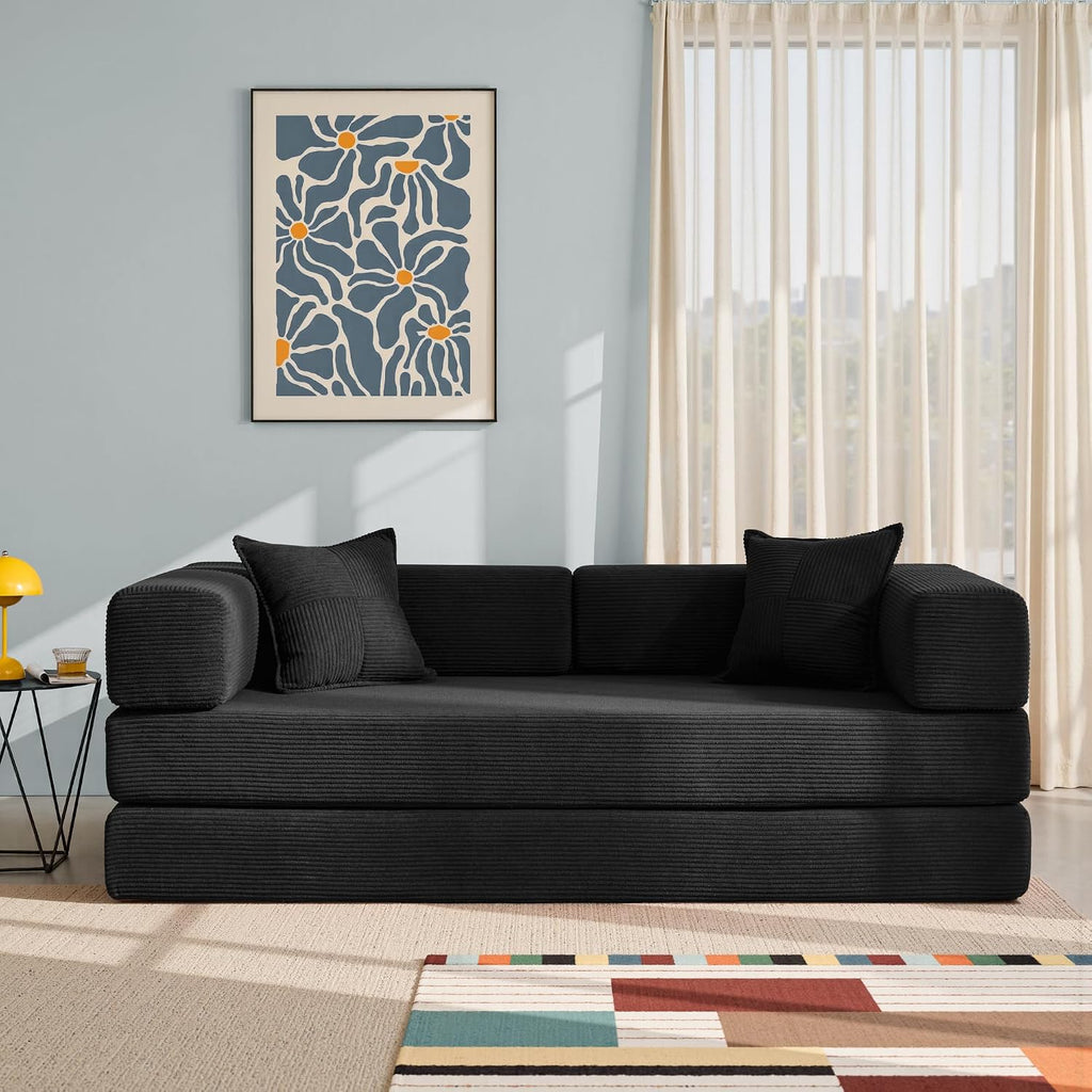 YINIX Foldable Sofa Bed, 78'' Folding Floor Couch, Compressed Convertable Sleeper Sofa, Memory Foam Couch with Pillow Back Support Armrest, 4-in-1 Futon Sofa Bed for Living Room, Black